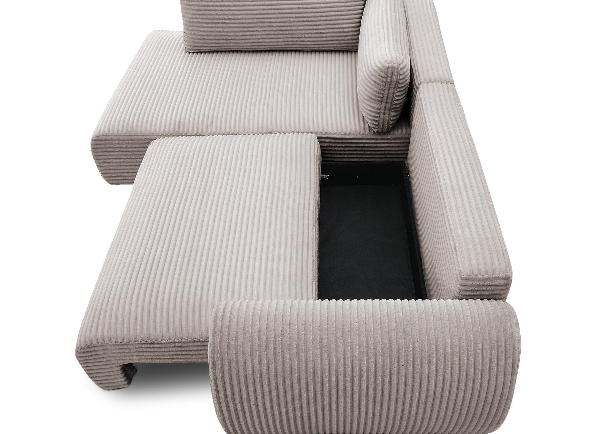 TILDA Ecksofabett in weichem Taupe mit geripptem Bezug, Chaiselongue und Stauraum – Linke Ecke