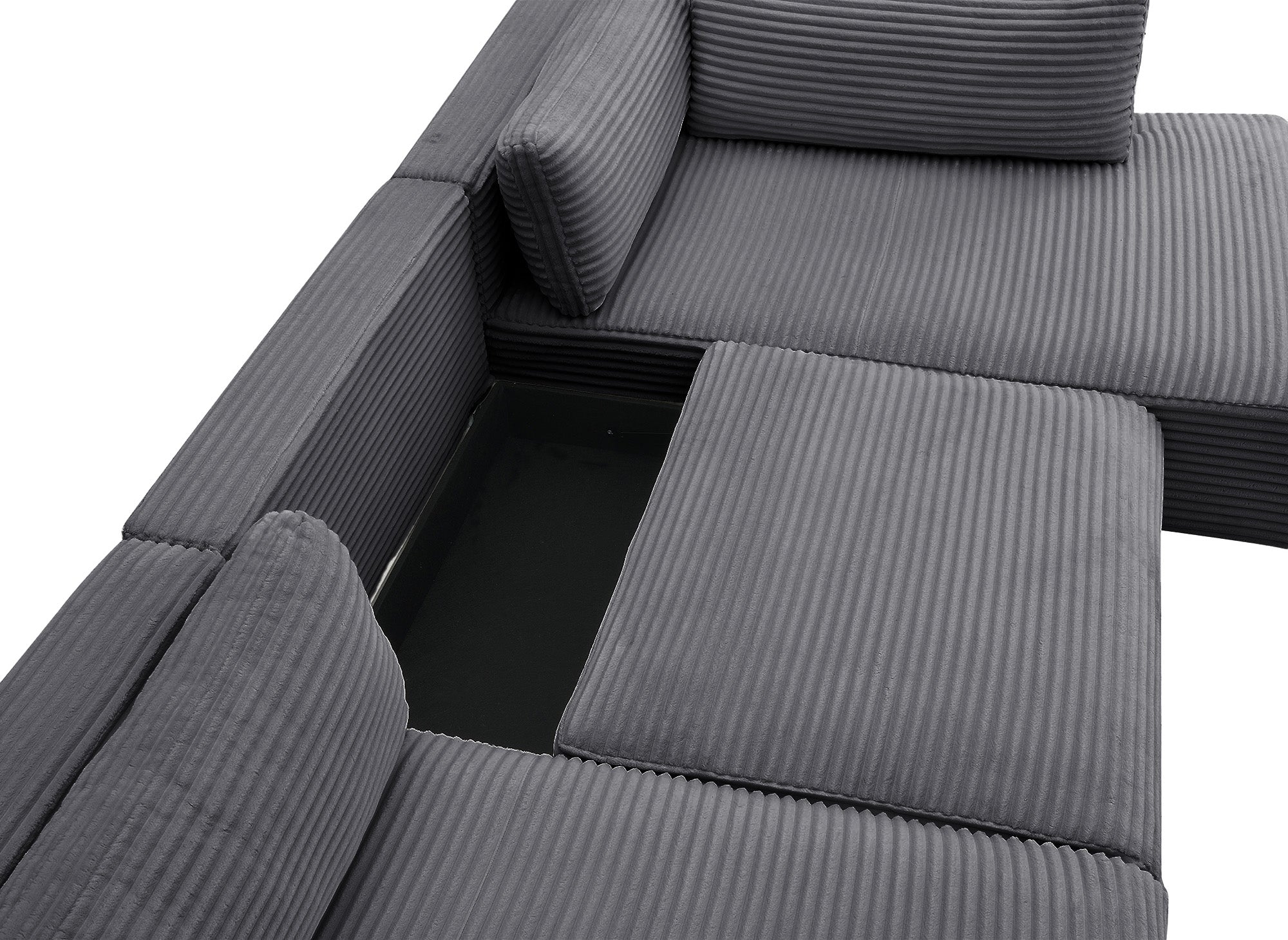 TILDA Graues Cord-Panoramasofa mit Stauraum – rechtwinklig