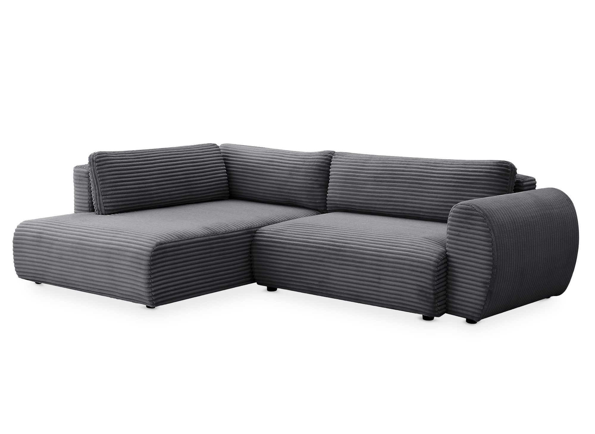 TILDA Ecksofa mit weichem Rippenmuster, grau, mit Chaiselongue und Stauraum – linke Ecke