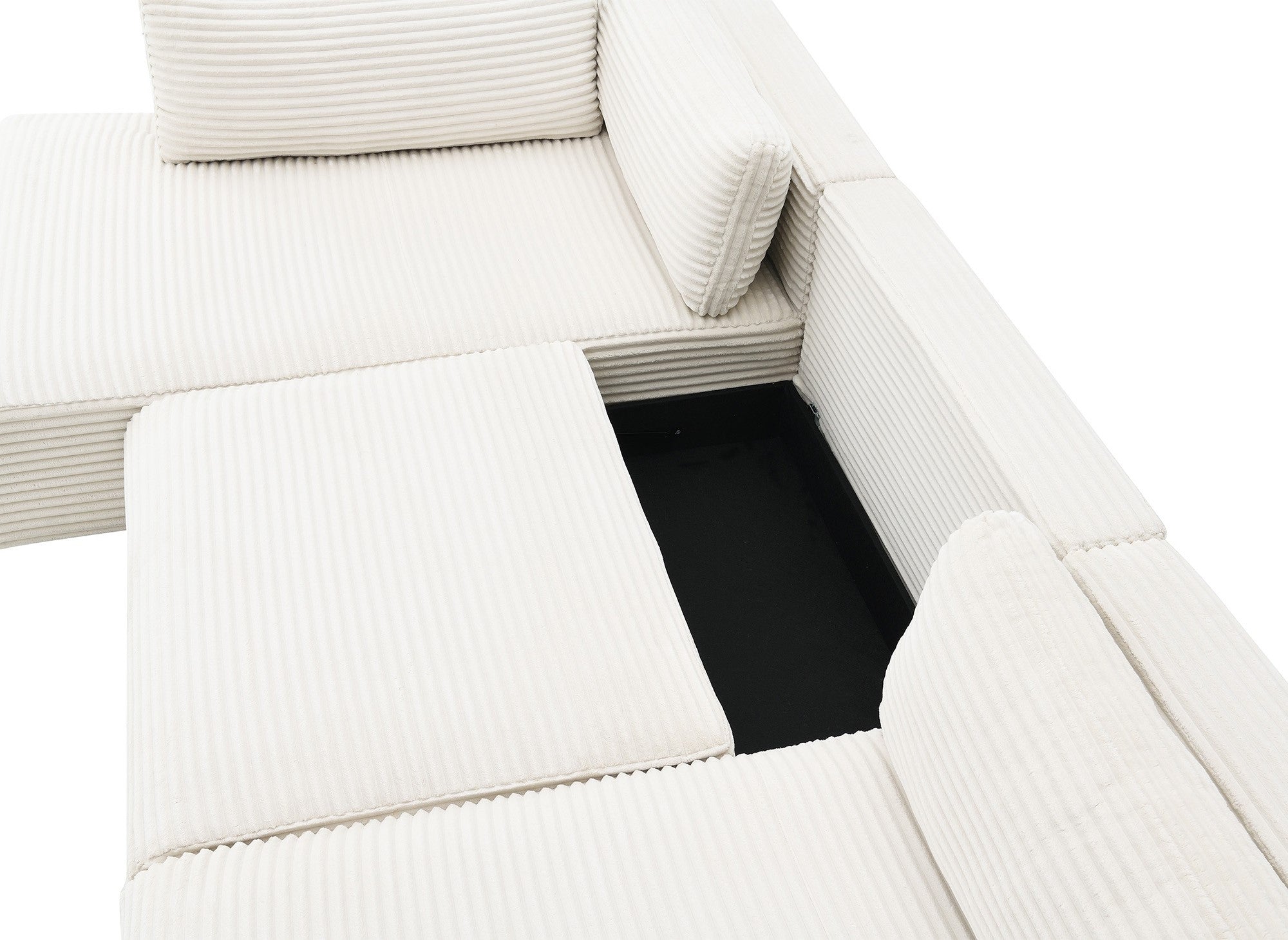 TILDA beigefarbenes, umwandelbares Panoramasofa aus Cord mit Stauraum – Linke Ecke