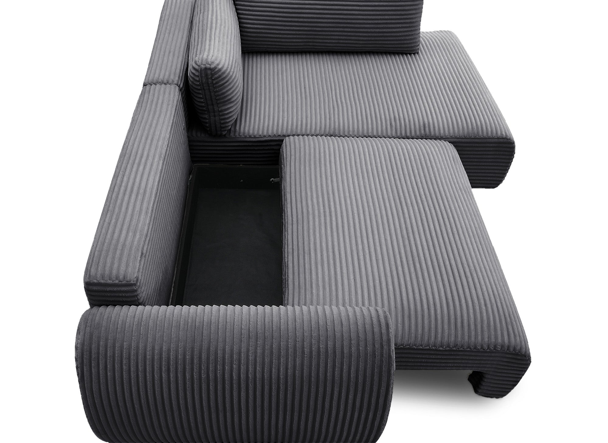 TILDA Ecksofa mit Bettfunktion, gerippt, grau, mit Chaiselongue und Stauraum, rechtwinklig