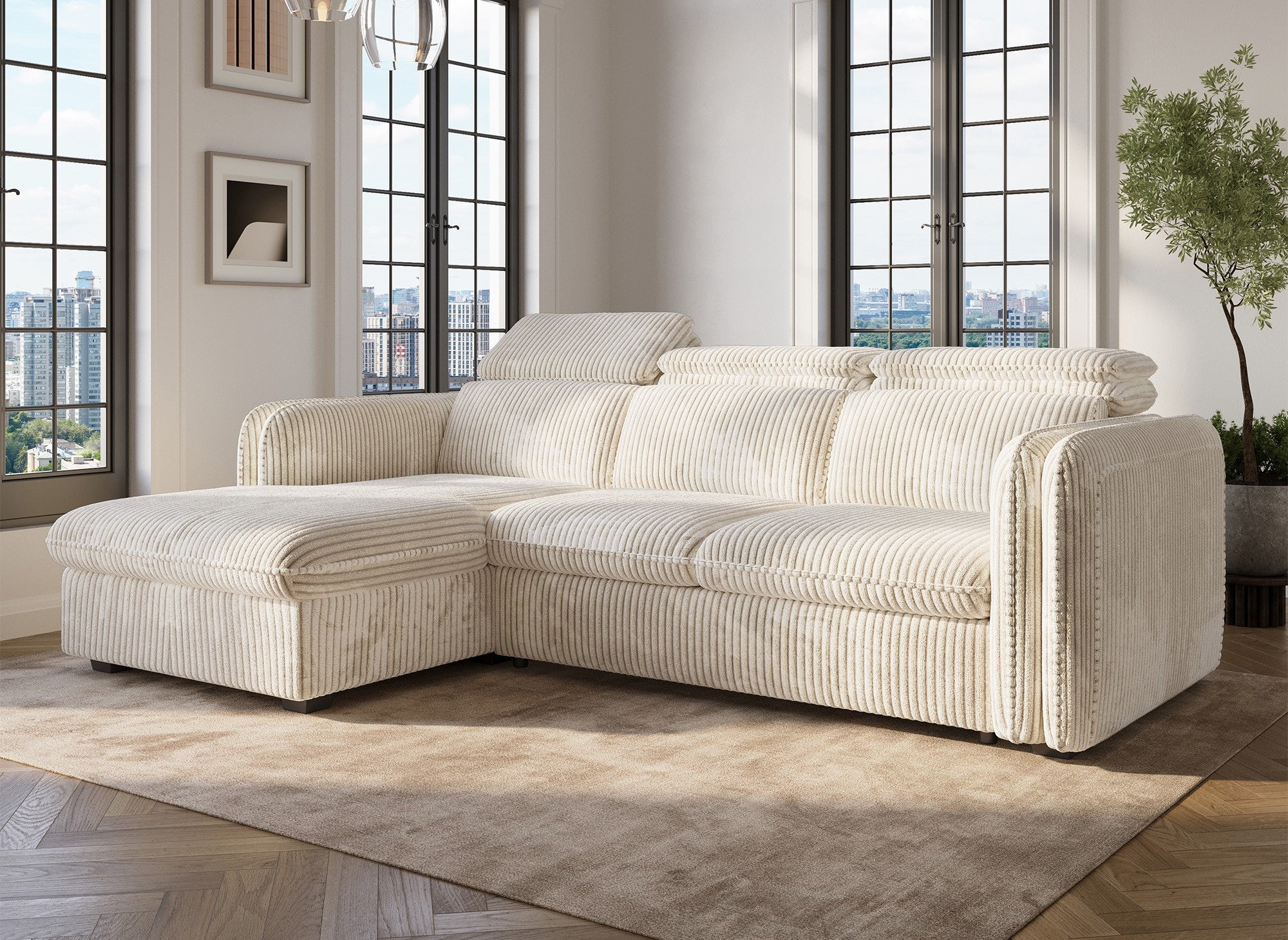 Ecksofa ISABELLA aus dickem beigefarbenem Cord – Linke Ecke