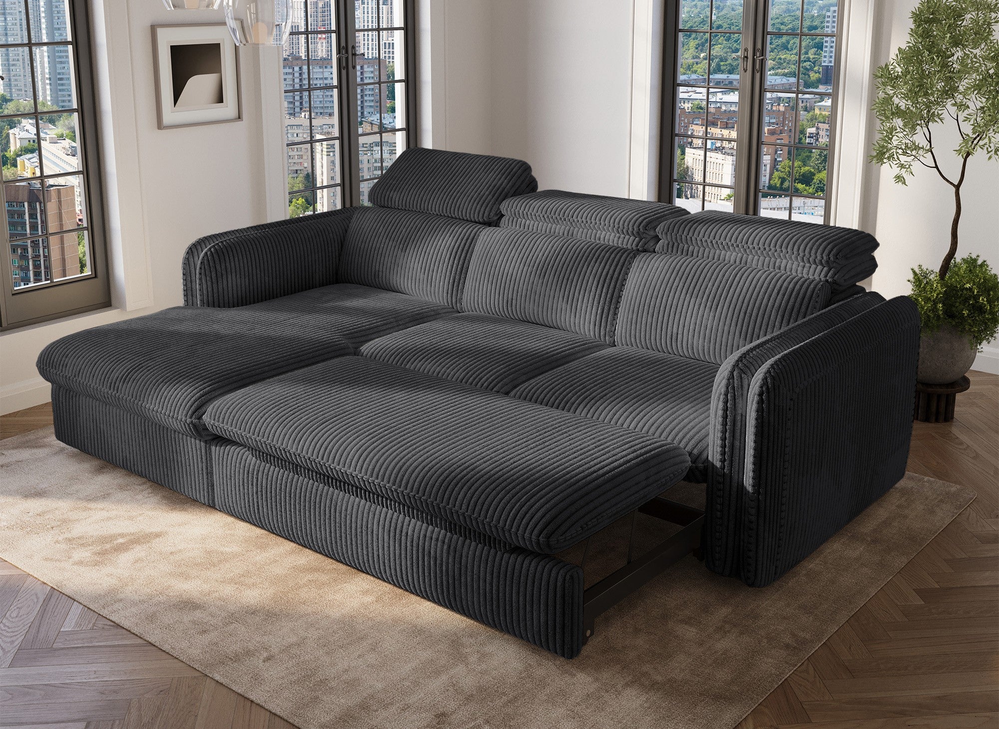 ISABELLA Ecksofa aus dickem grauem Cord – Linke Ecke