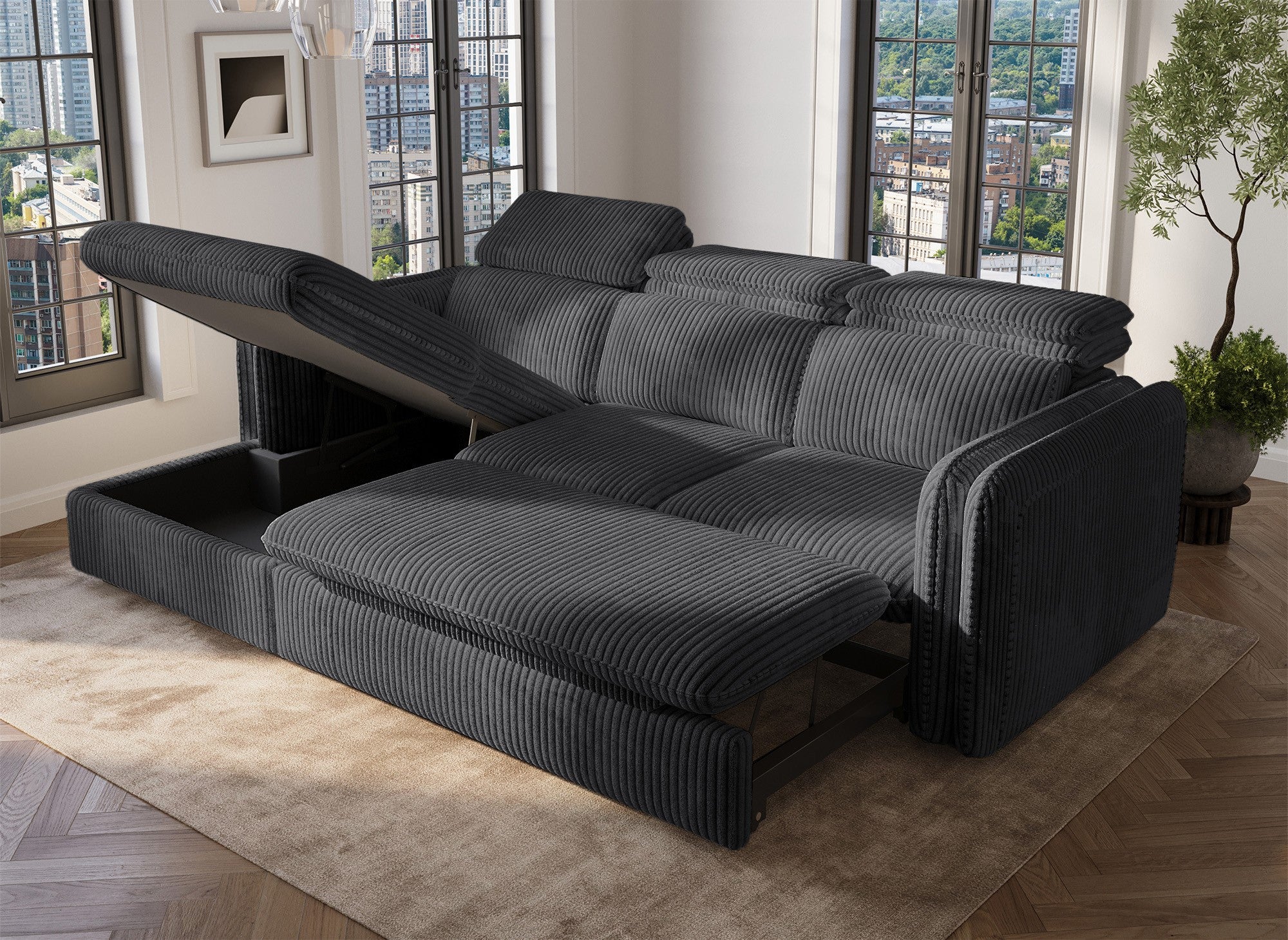 ISABELLA Ecksofa aus dickem grauem Cord – Linke Ecke