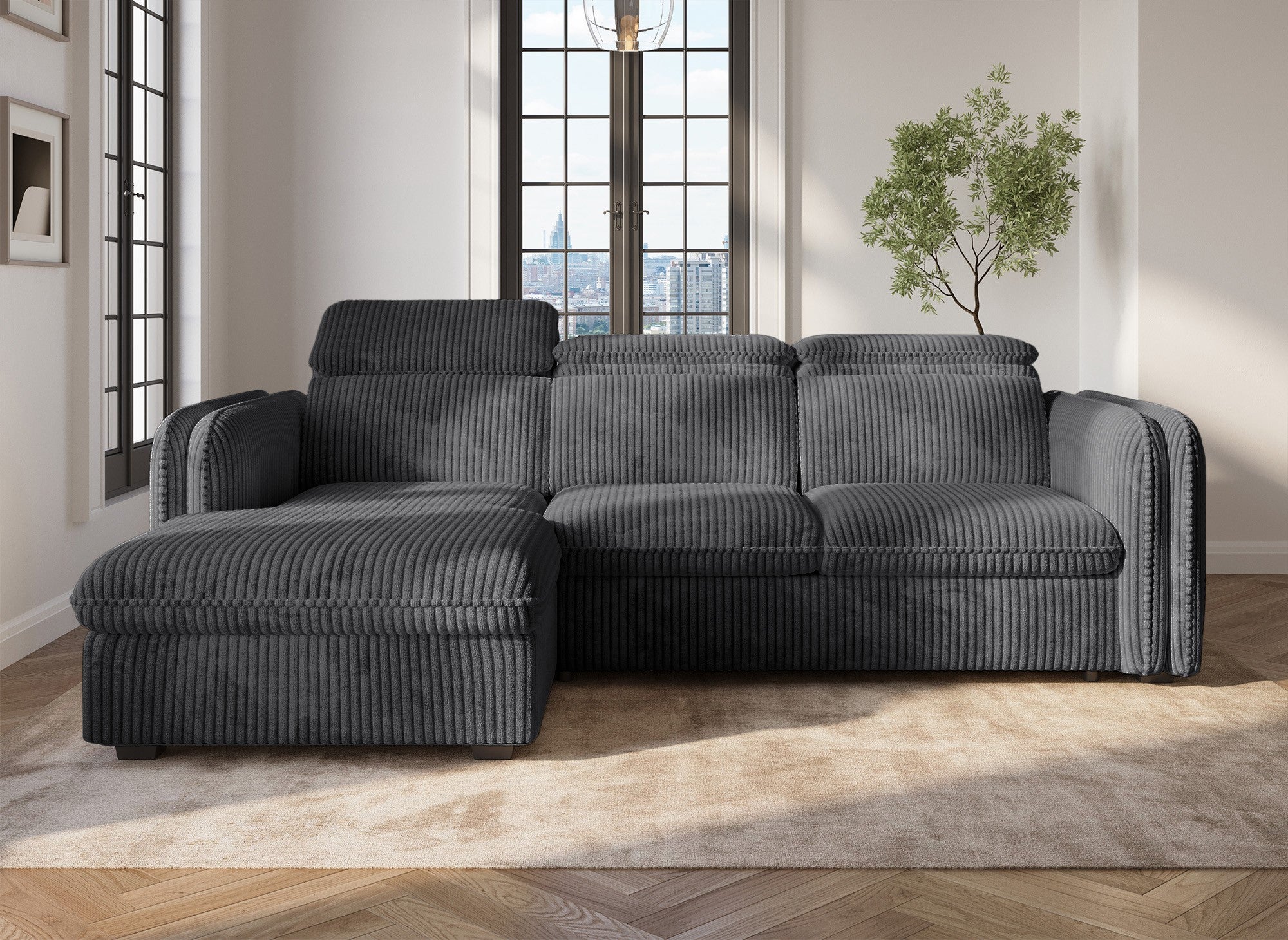 ISABELLA Ecksofa aus dickem grauem Cord – Linke Ecke