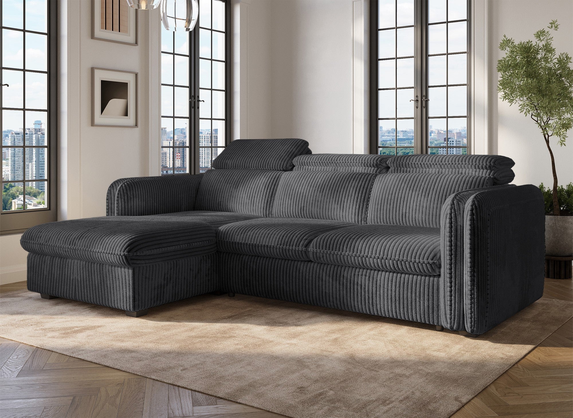 ISABELLA Ecksofa aus dickem grauem Cord – Linke Ecke