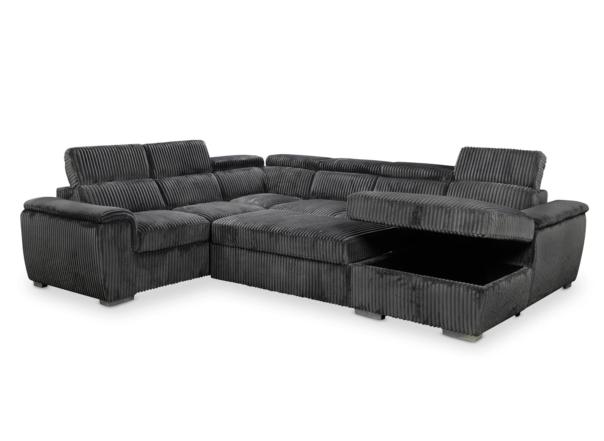 GAELLE Panorama-Sofa mit Stauraum aus dickem grauem Cord – rechtwinklig