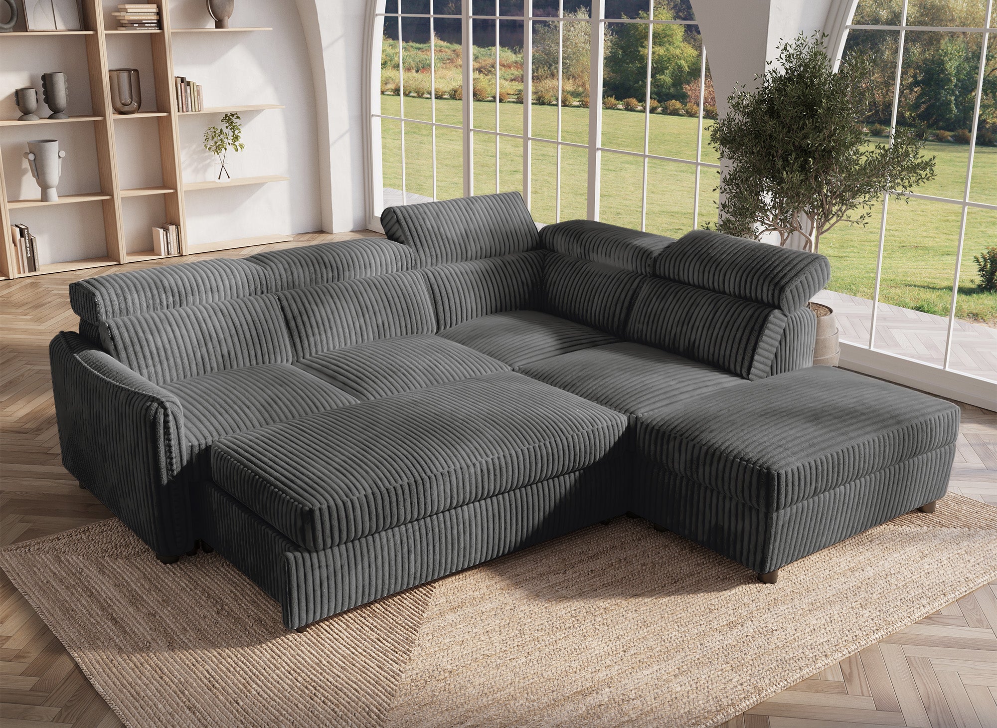 NAIROBI Ecksofa, dicker Cord, grau, rechtwinklig