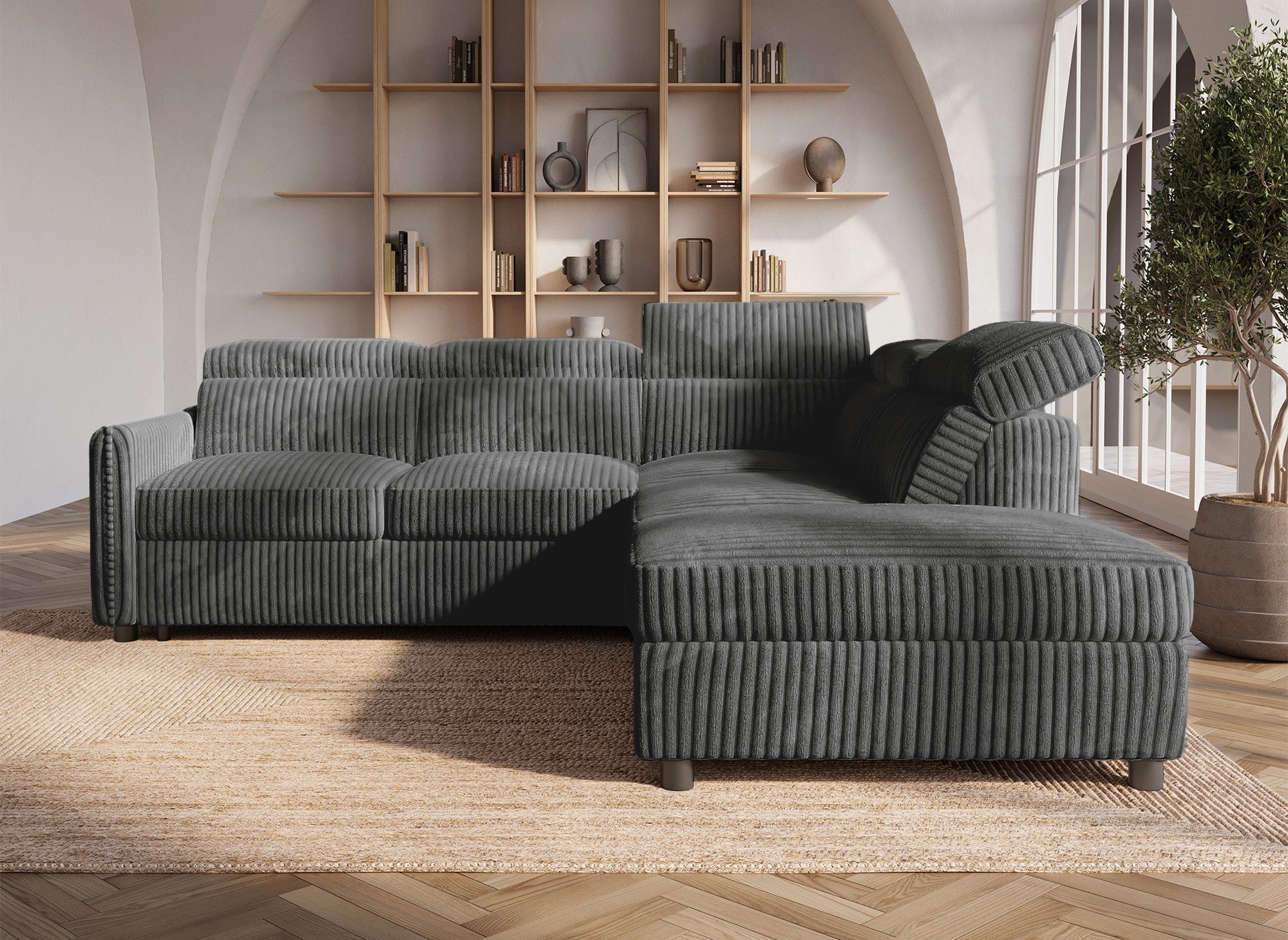 NAIROBI Ecksofa, dicker Cord, grau, rechtwinklig