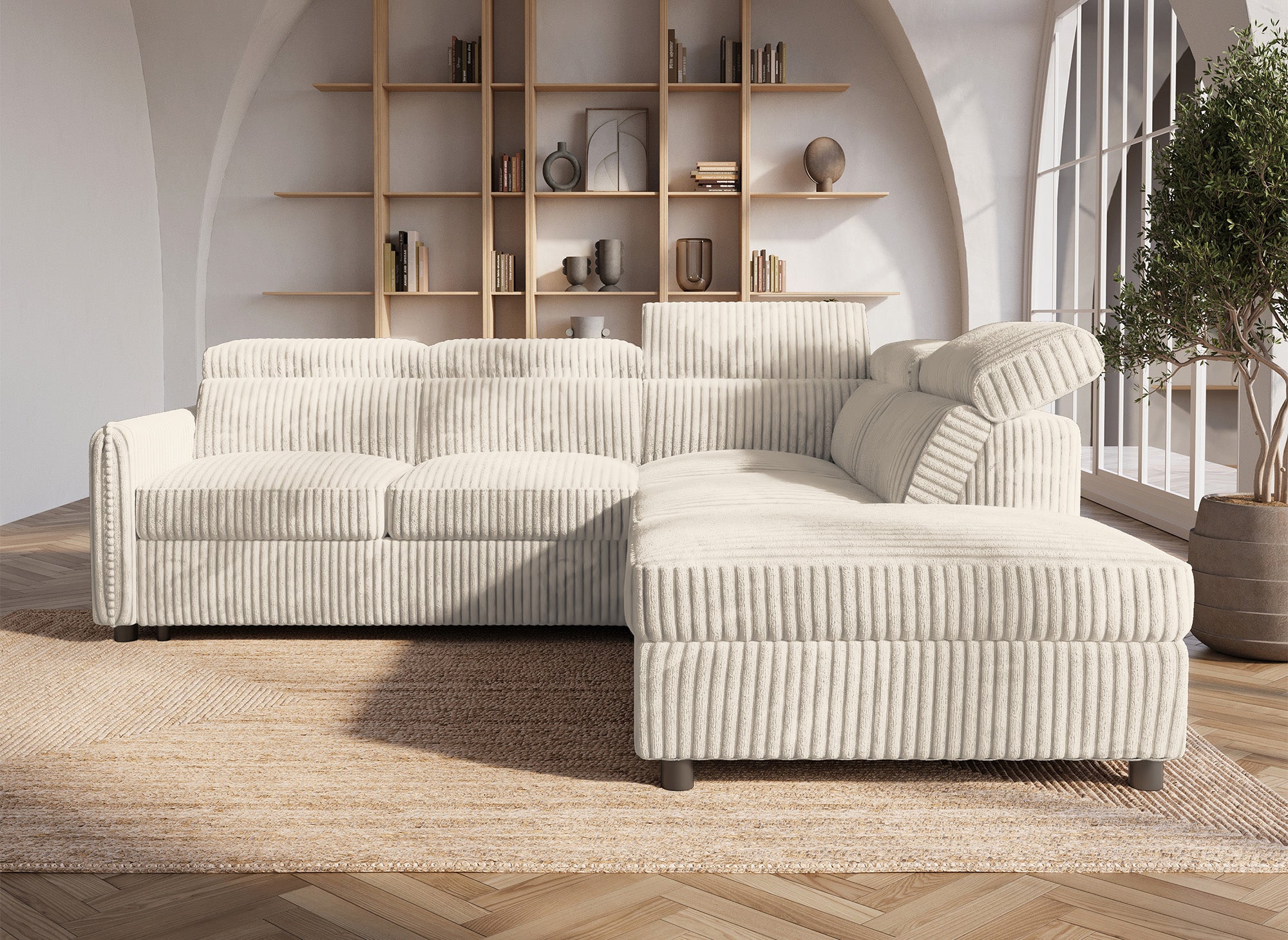 NAIROBI Ecksofa aus dickem, beigefarbenem Cord – rechtwinklig