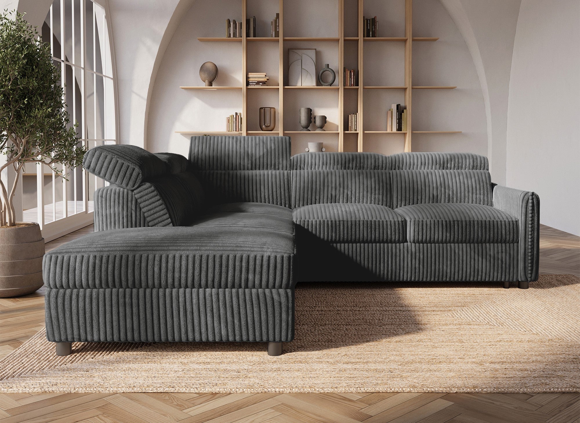 NAIROBI Ecksofa aus dickem Cord, grau, linke Ecke