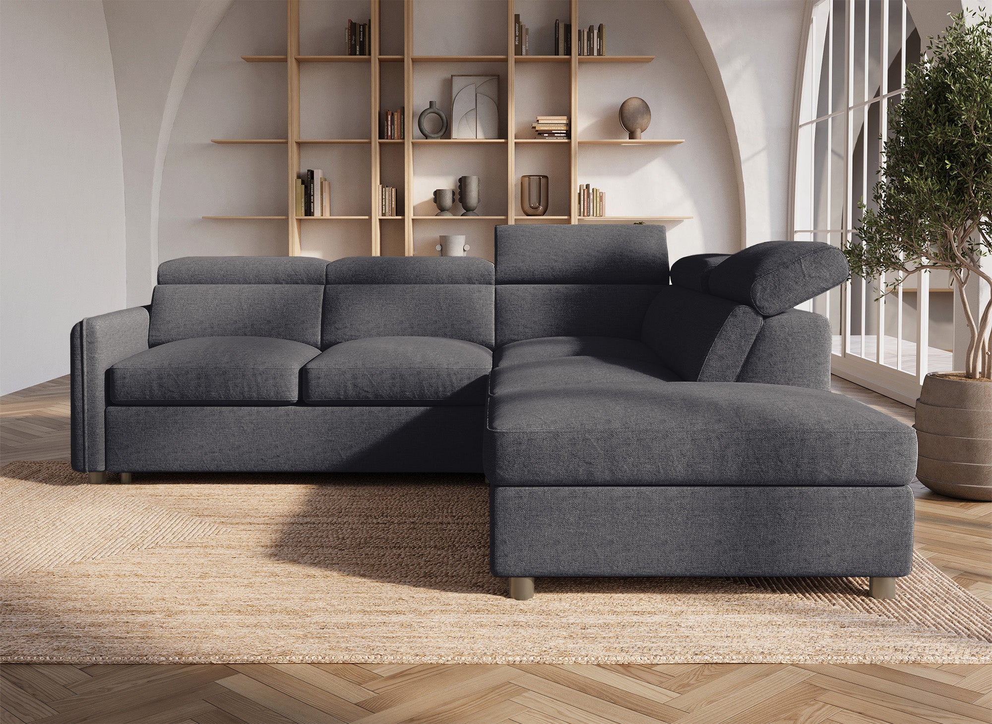 NAIROBI Ecksofa aus grauem Stoff – rechtwinklig