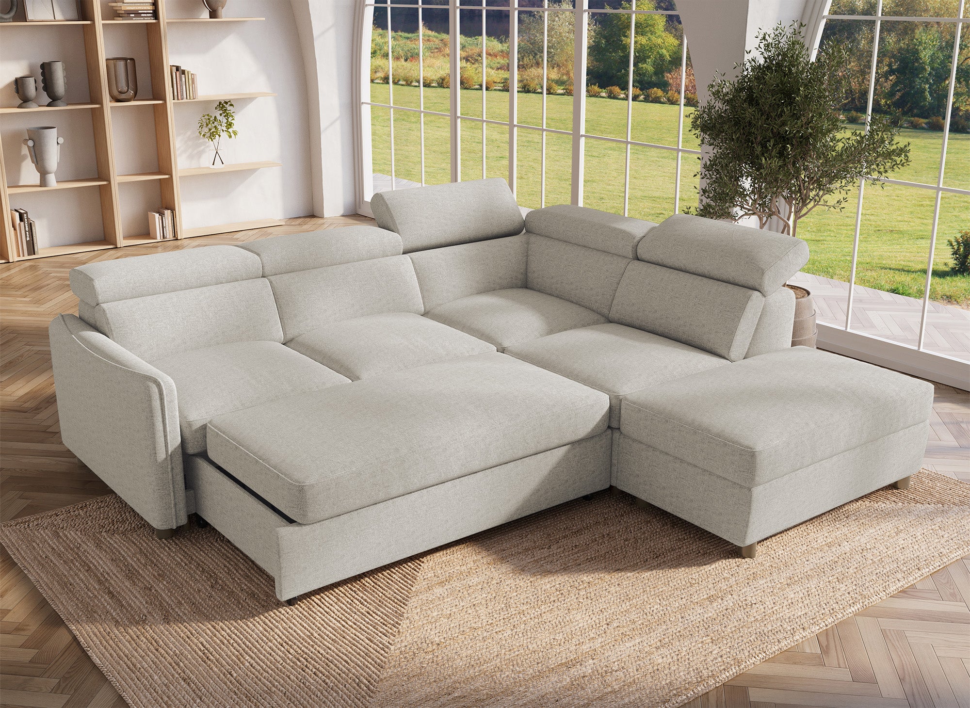 NAIROBI Ecksofa aus beigefarbenem Stoff – rechtwinklig