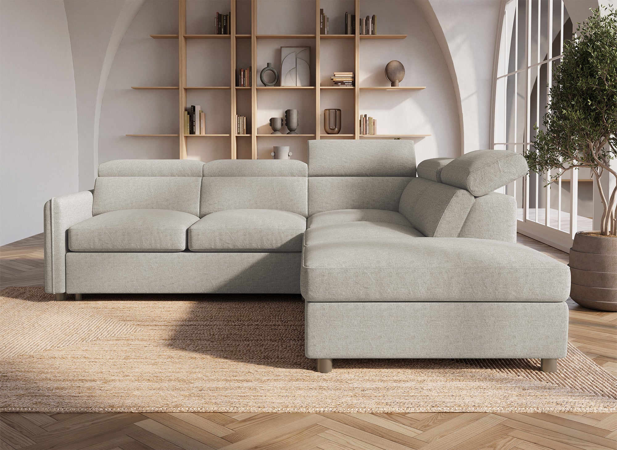 NAIROBI Ecksofa aus beigefarbenem Stoff – rechtwinklig