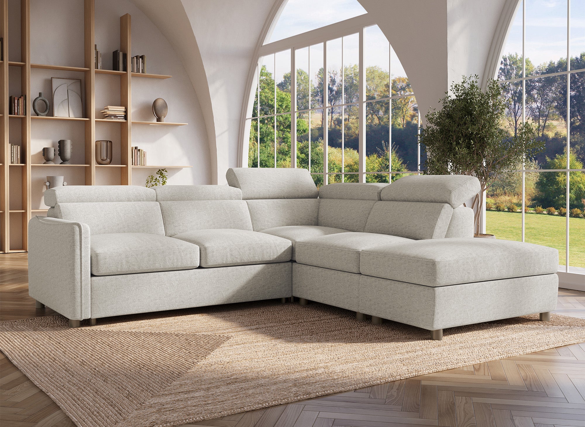 NAIROBI Ecksofa aus beigefarbenem Stoff – rechtwinklig