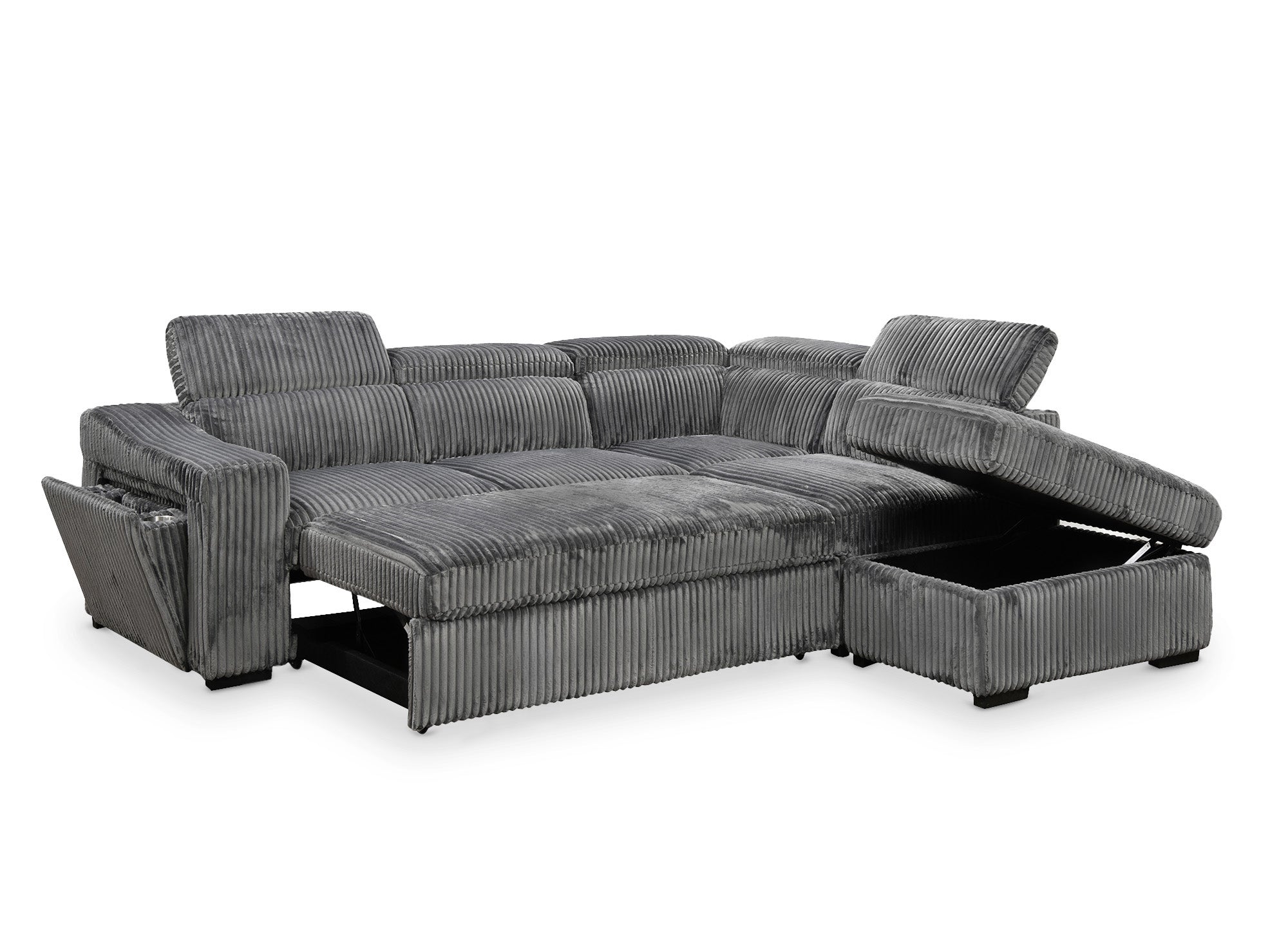 MARTY Ecksofa aus grauem Cord mit Stauraum - rechtwinklig