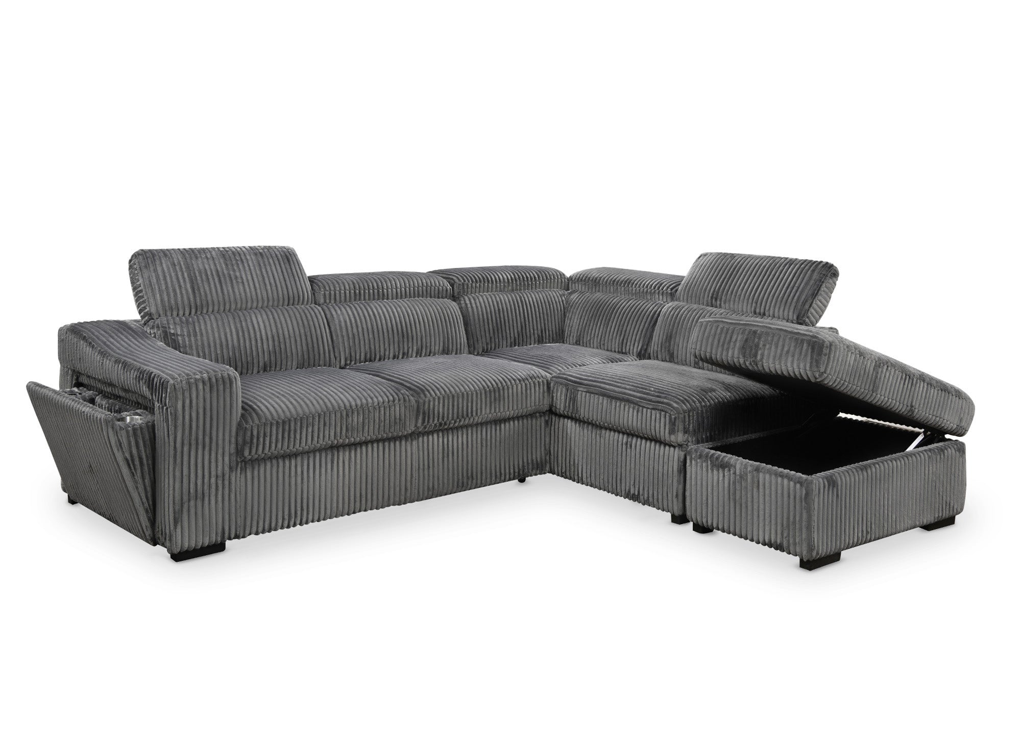 MARTY Ecksofa aus grauem Cord mit Stauraum - rechtwinklig
