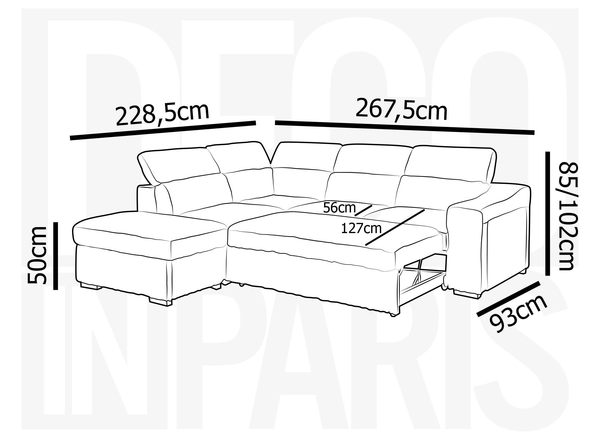 MARTY Ecksofa aus grauem Cord mit Stauraum – Linke Ecke