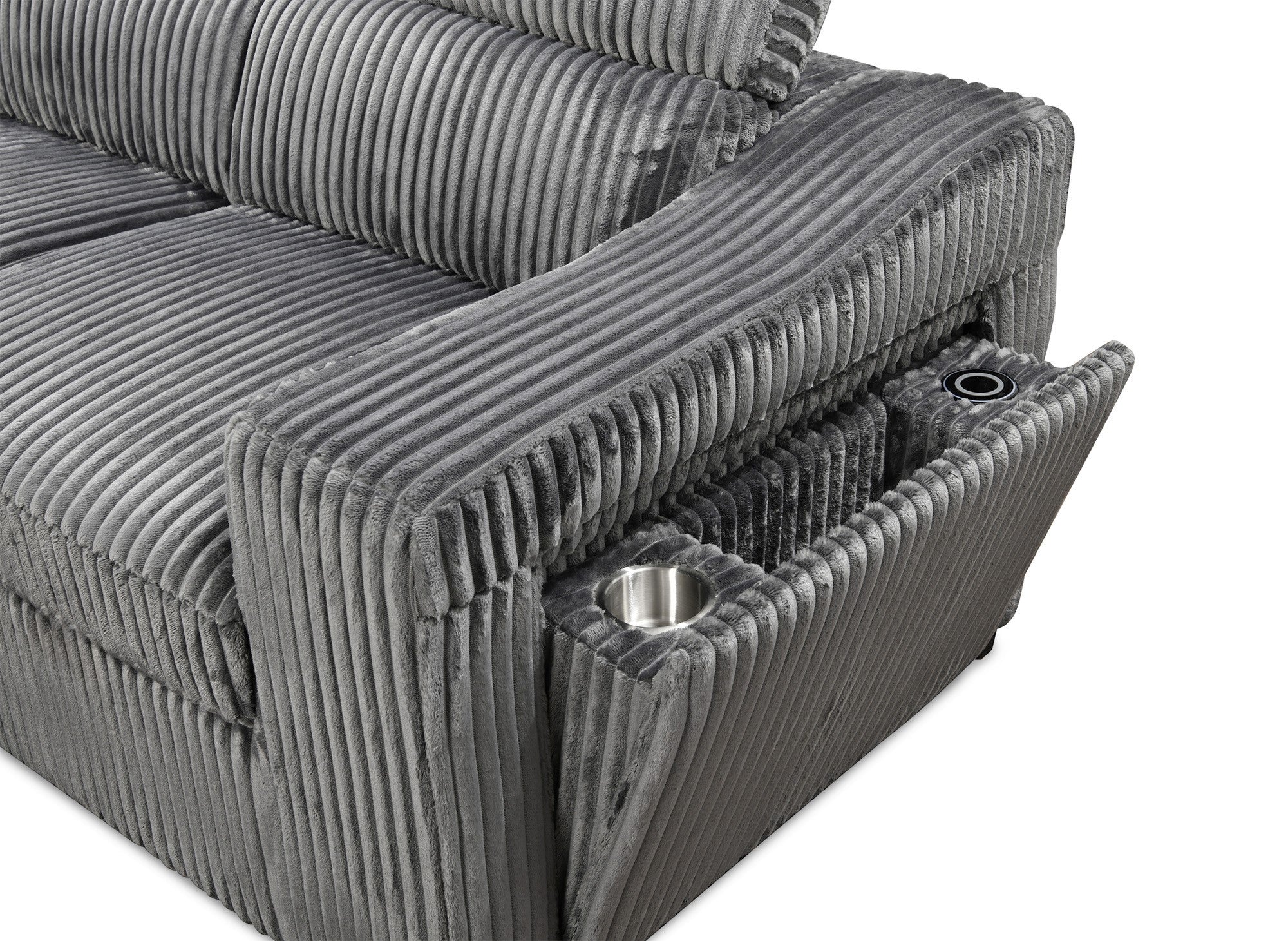 MARTY Ecksofa aus grauem Cord mit Stauraum – Linke Ecke