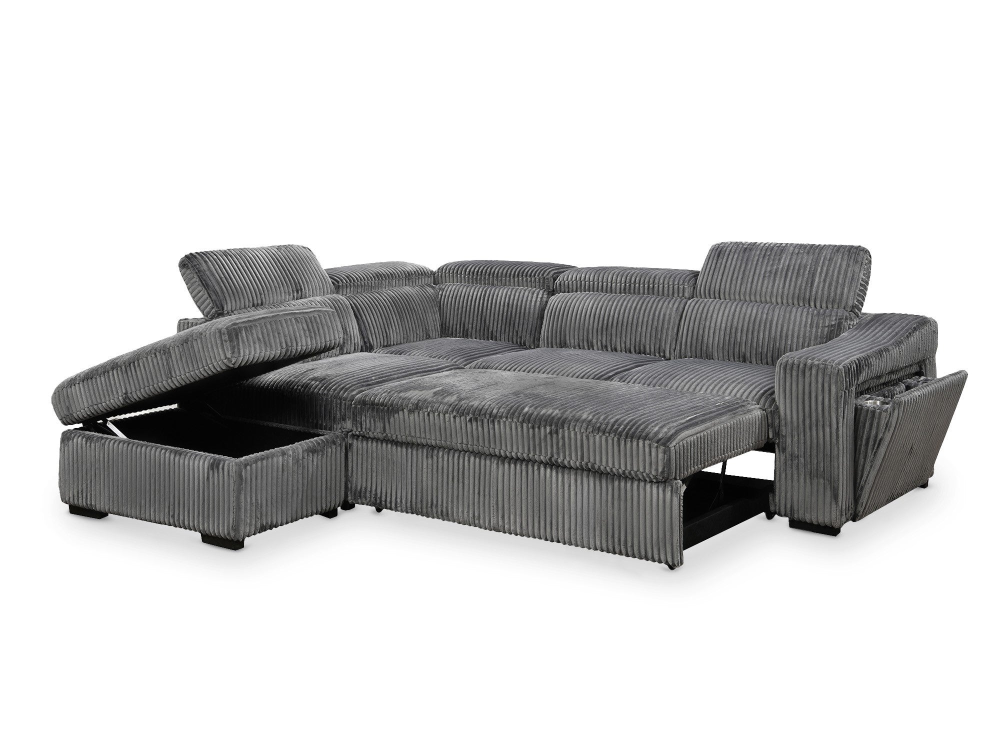 MARTY Ecksofa aus grauem Cord mit Stauraum – Linke Ecke