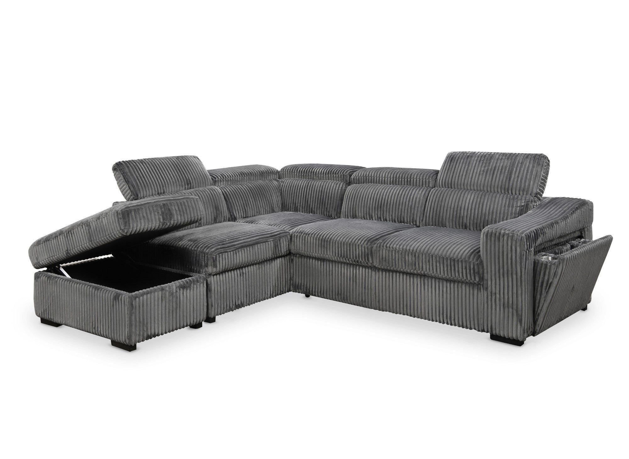 MARTY Ecksofa aus grauem Cord mit Stauraum – Linke Ecke