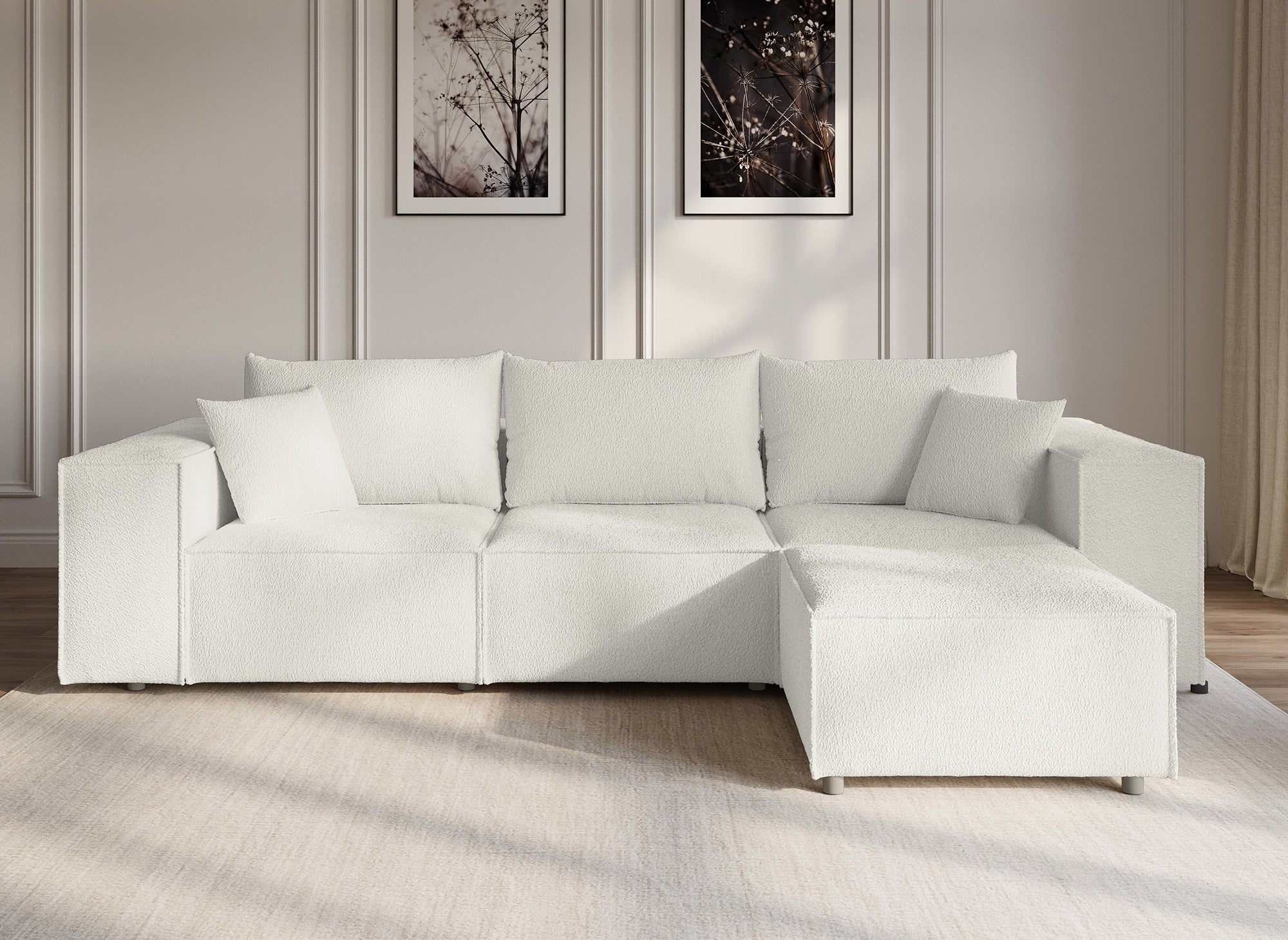 Modulares Ecksofa HARLEM aus ecru-weißem Stoff mit Schaffelleffekt