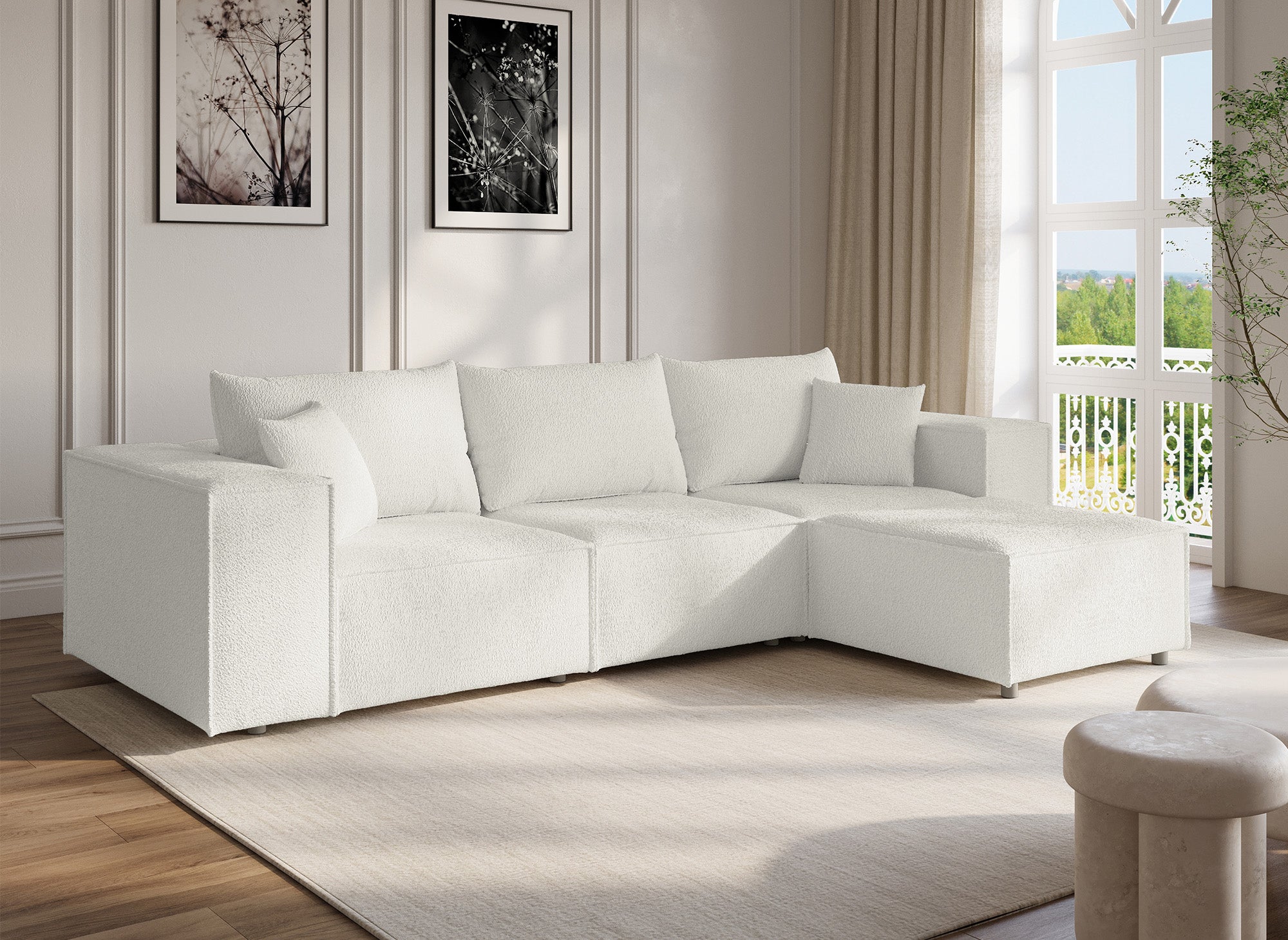 Modulares Ecksofa HARLEM aus ecru-weißem Stoff mit Schaffelleffekt