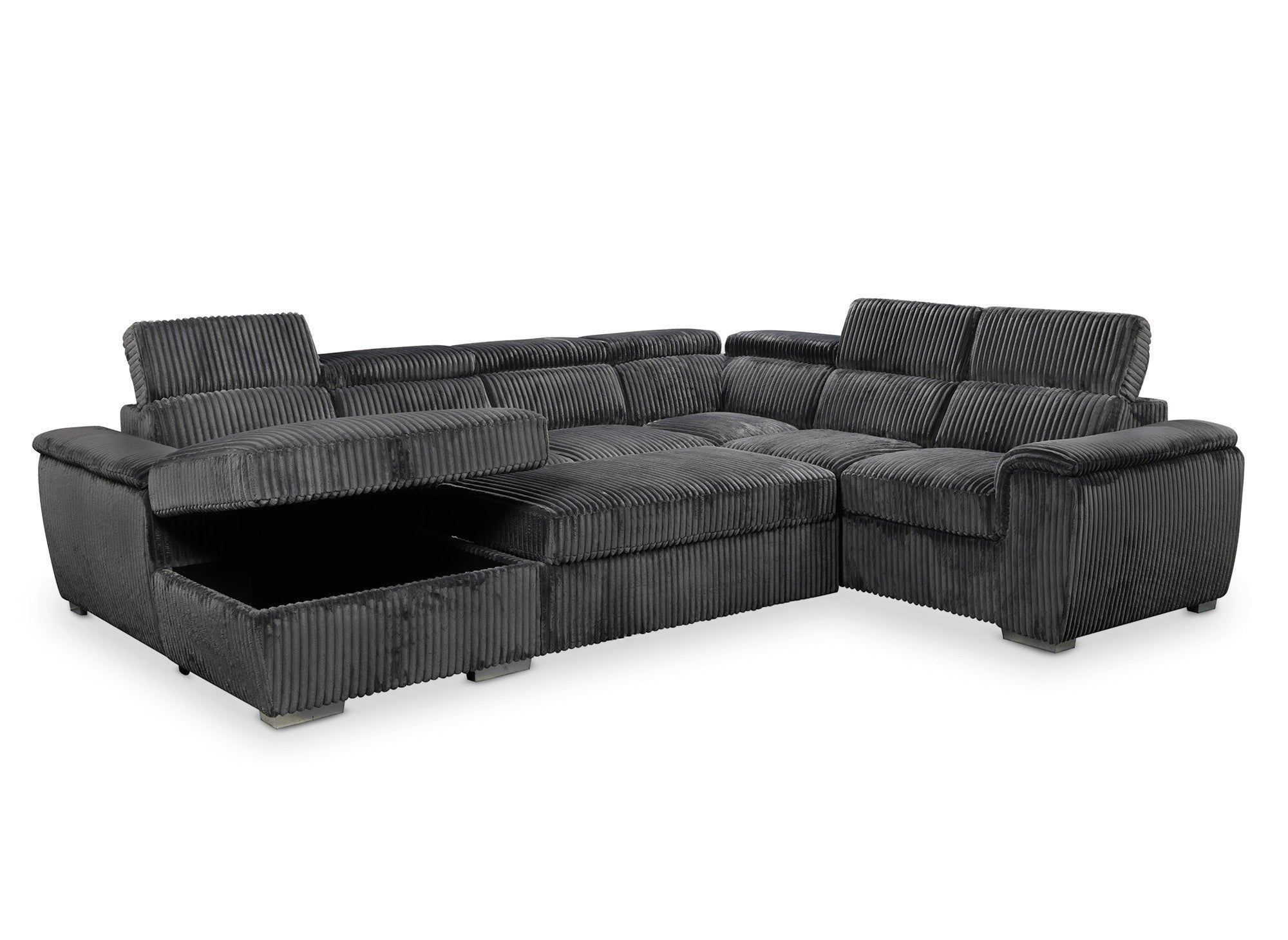 GAELLE Panorama-Sofa mit Stauraum aus dickem grauem Cord – Linke Ecke