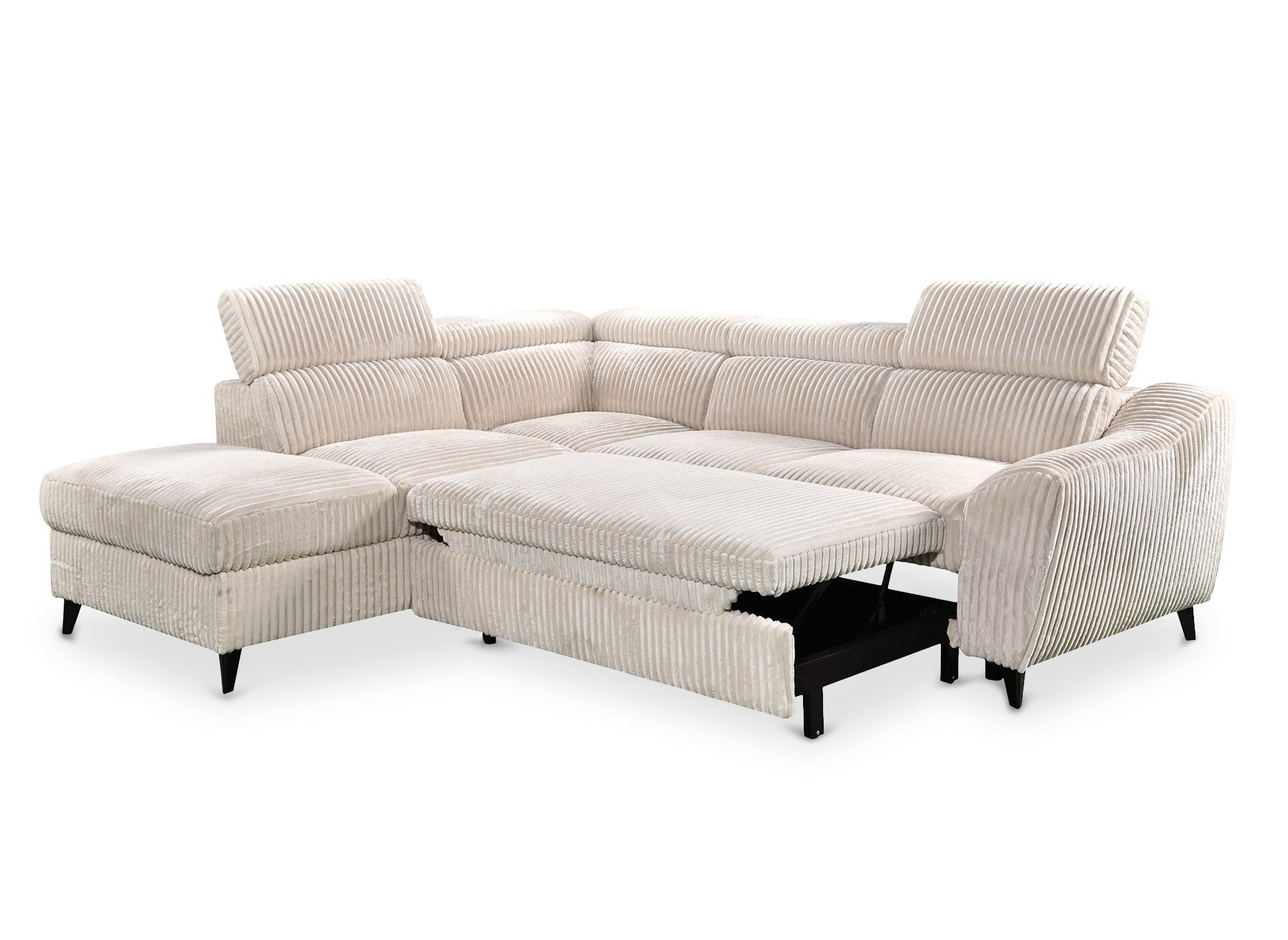 DALTON Ecksofa mit Bettkasten aus beigefarbenem Cord – linke Ecke