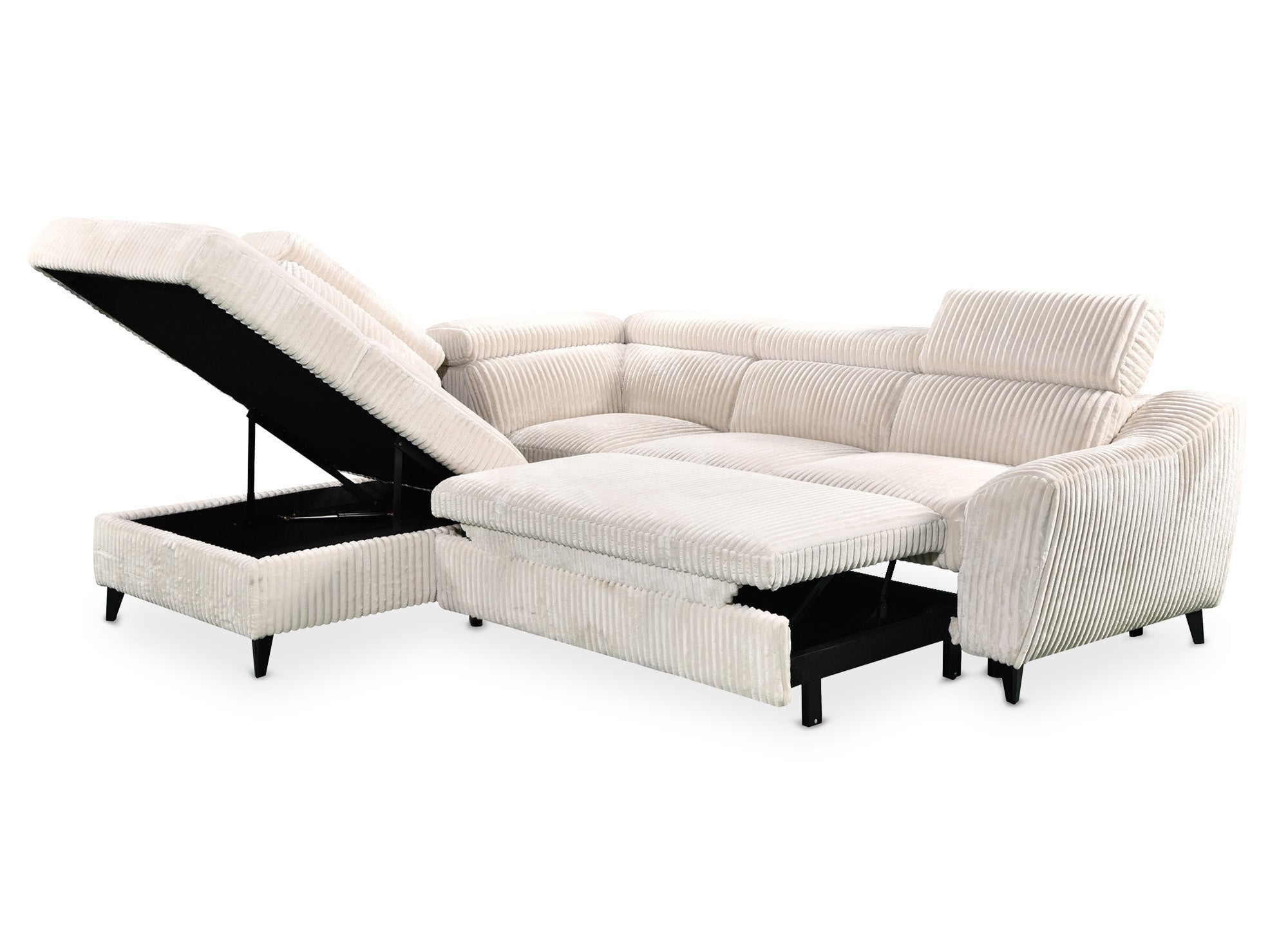 DALTON Ecksofa mit Bettkasten aus beigefarbenem Cord – linke Ecke