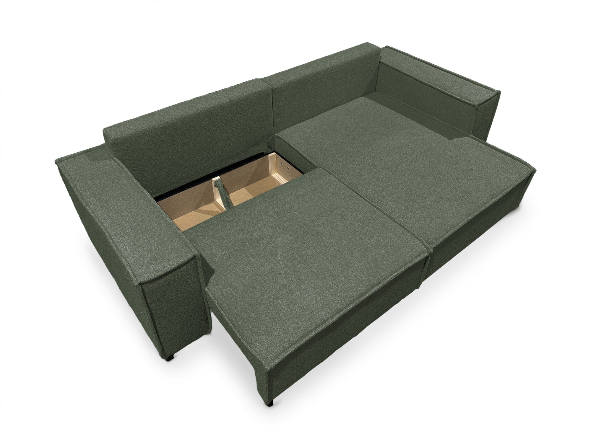 JADE MINI khakigrünes, umwandelbares und wendbares Ecksofa aus Frottee mit Stauraum