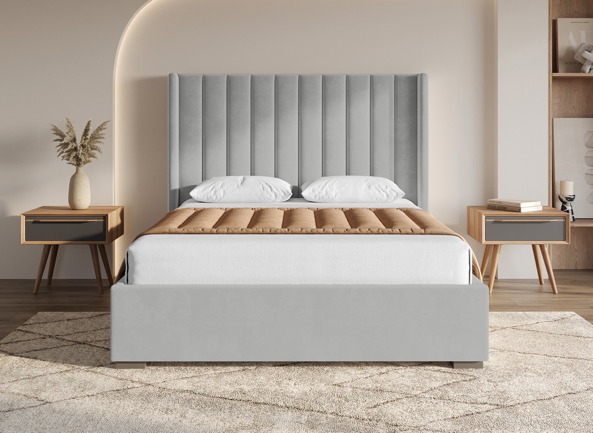 ALENA Bett mit Stauraum aus grauem Samt 160x200 cm