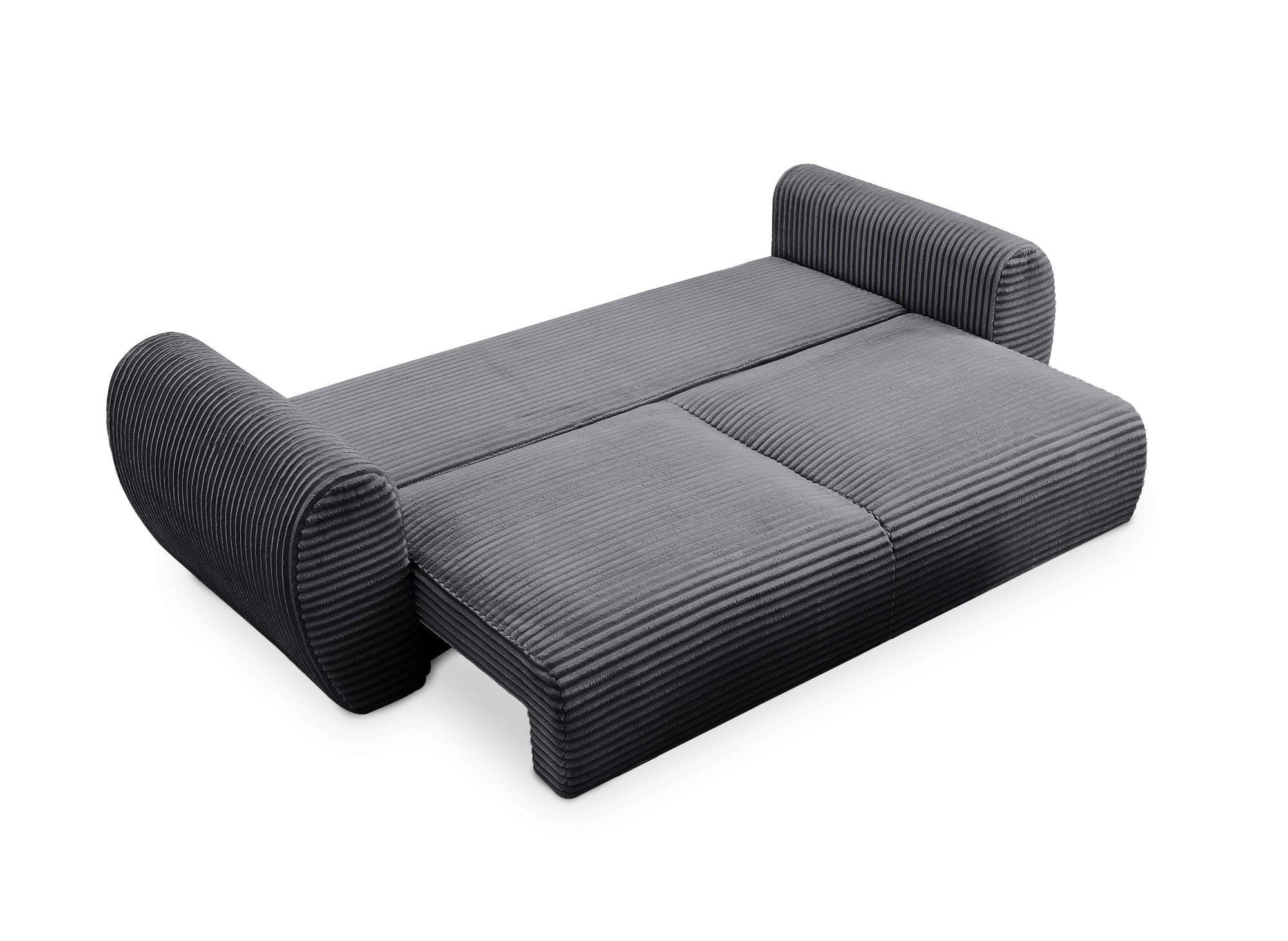TILDA 3-Sitzer-Schlafsofa mit Stauraum in weichem, grauem Rippenstoff.