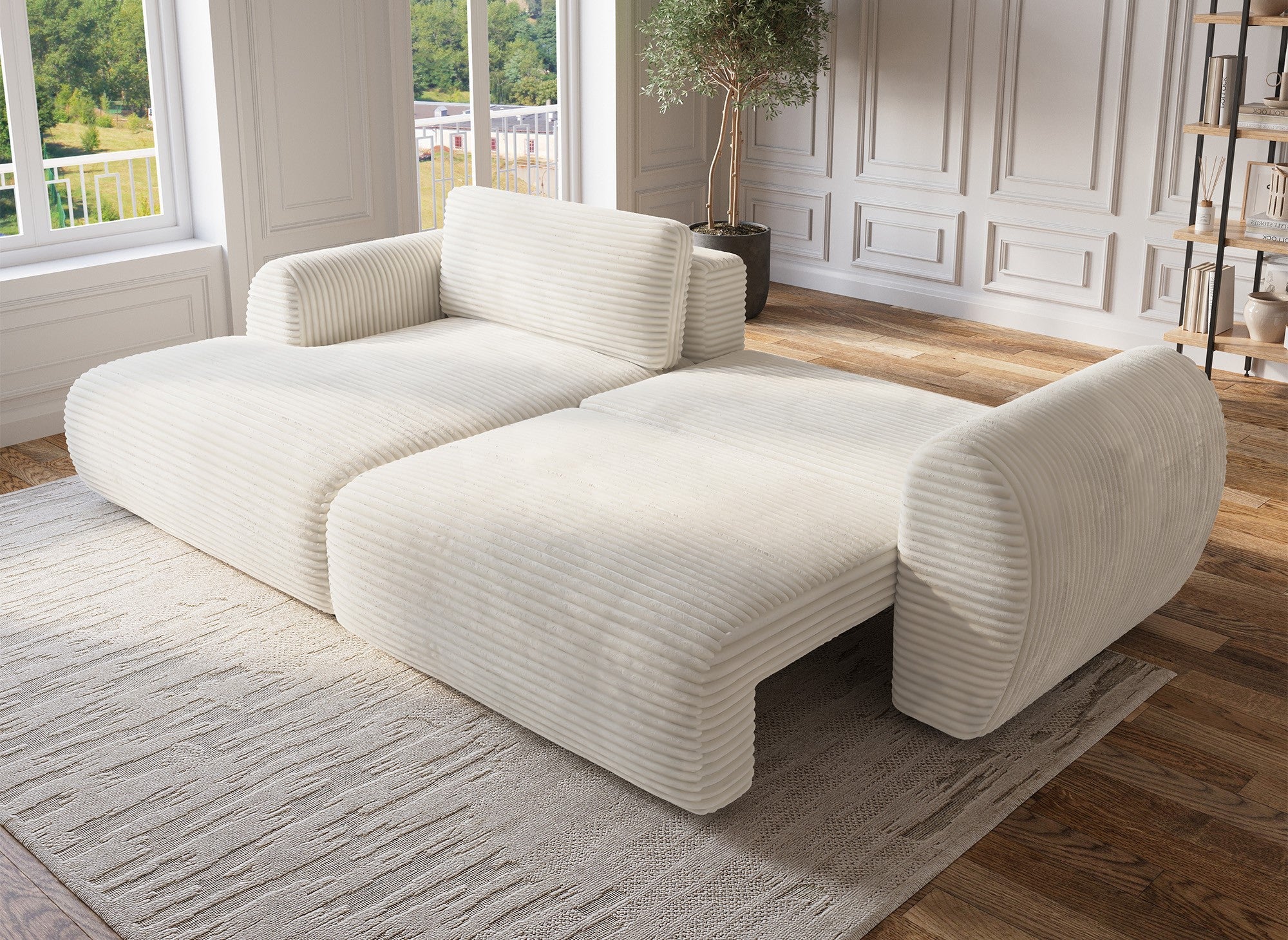 TILDA Ecksofa mit Bettfunktion und Stauraum, Beige, weicher Cord, linke Ecke
