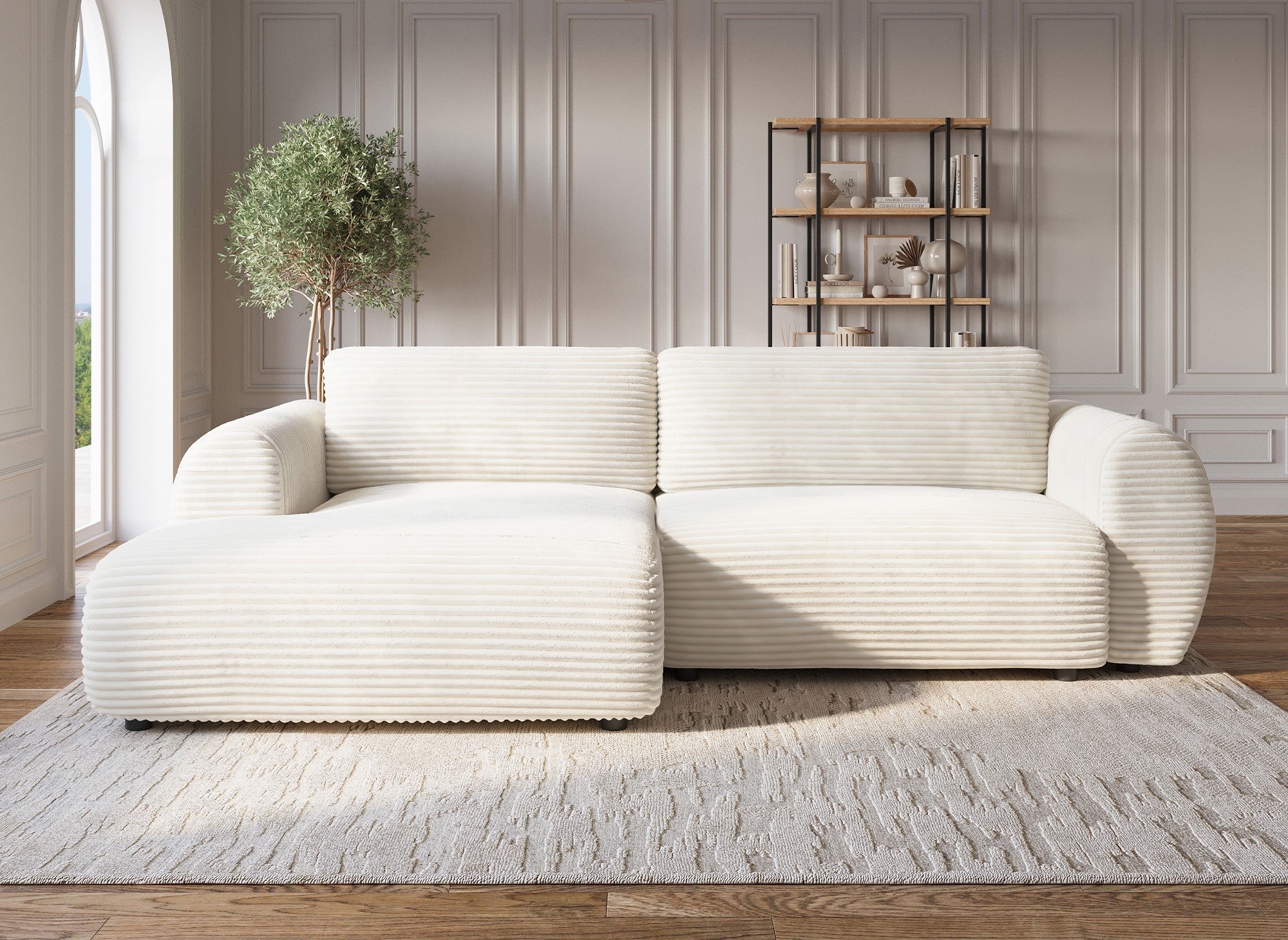 TILDA Ecksofa mit Bettfunktion und Stauraum, Beige, weicher Cord, linke Ecke