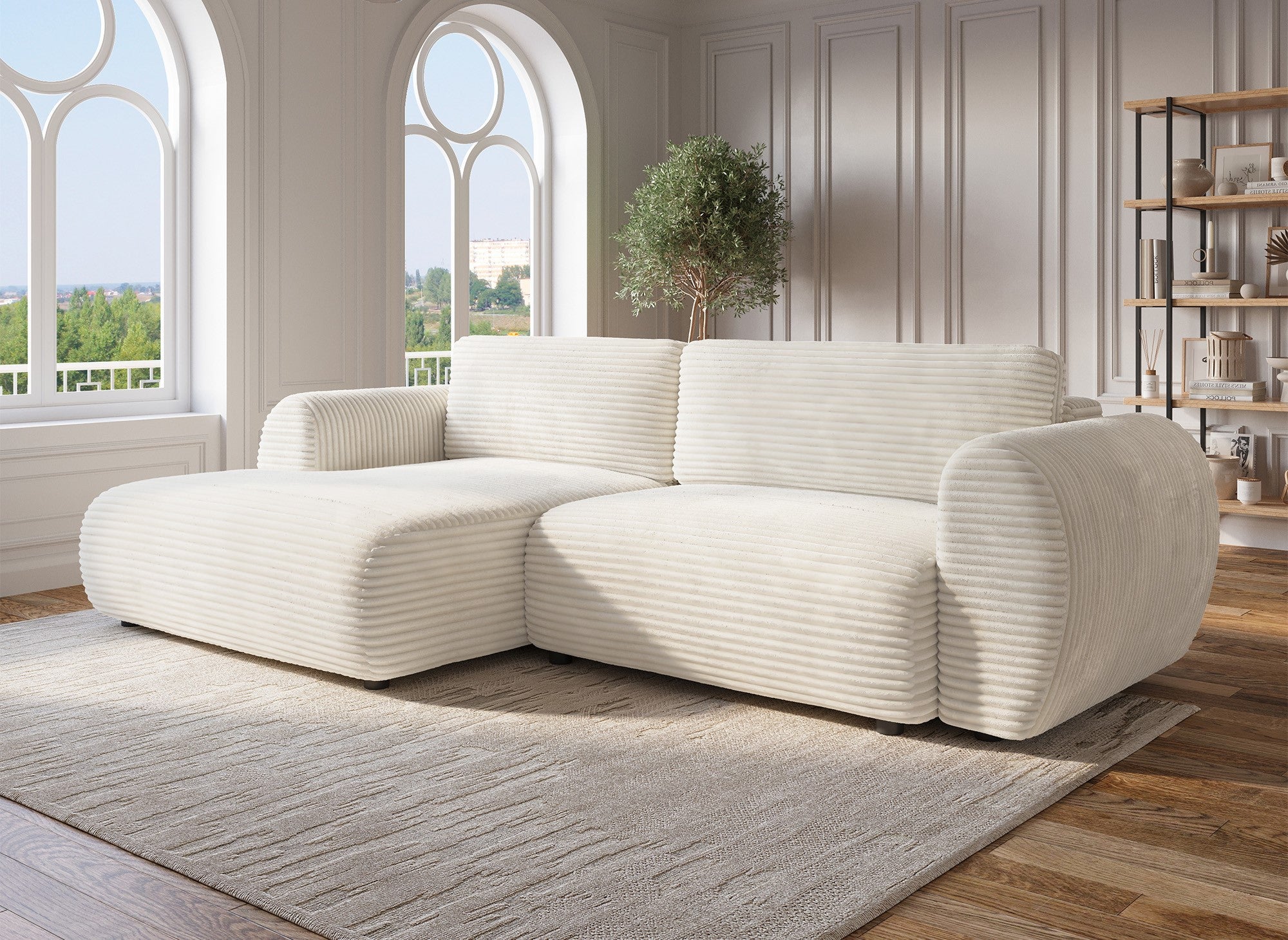 TILDA Ecksofa mit Bettfunktion und Stauraum, Beige, weicher Cord, linke Ecke