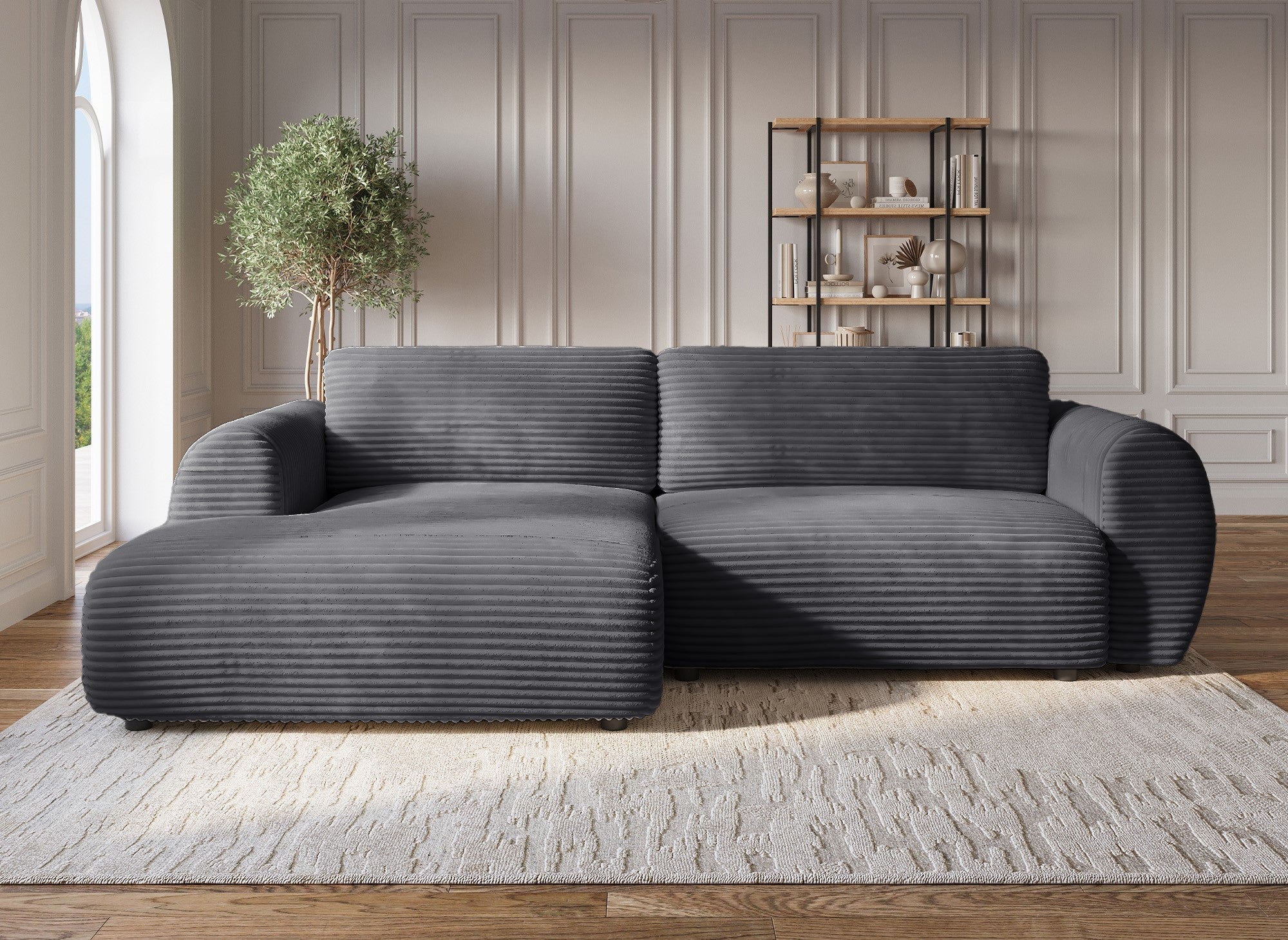 TILDA Ecksofa mit Bettfunktion und Stauraum, weiches Cord, grau – linke Ecke