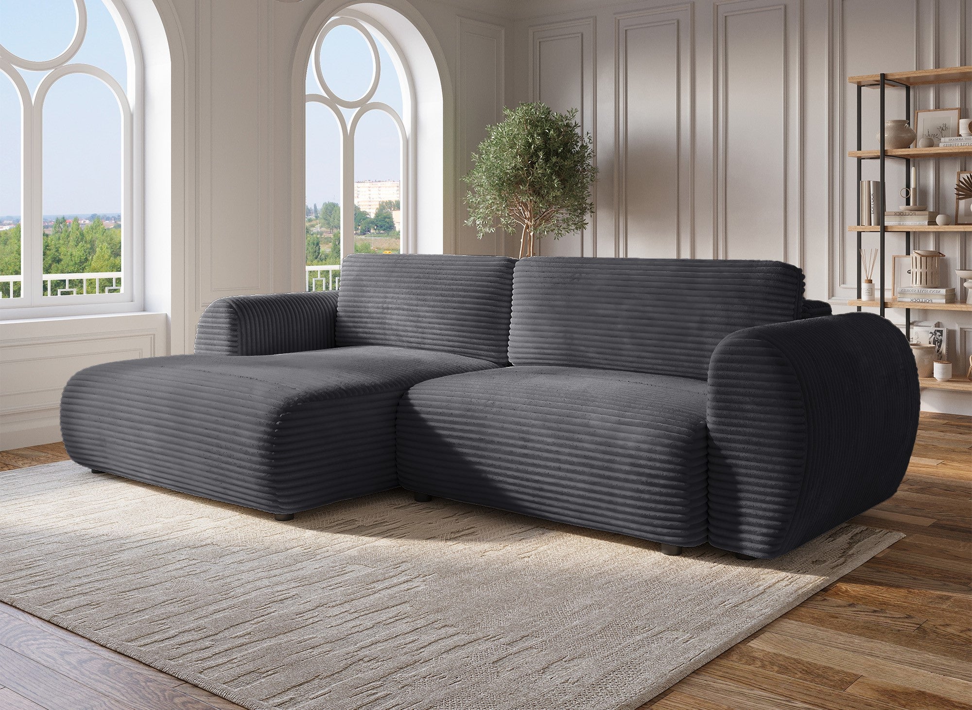 TILDA Ecksofa mit Bettfunktion und Stauraum, weiches Cord, grau – linke Ecke