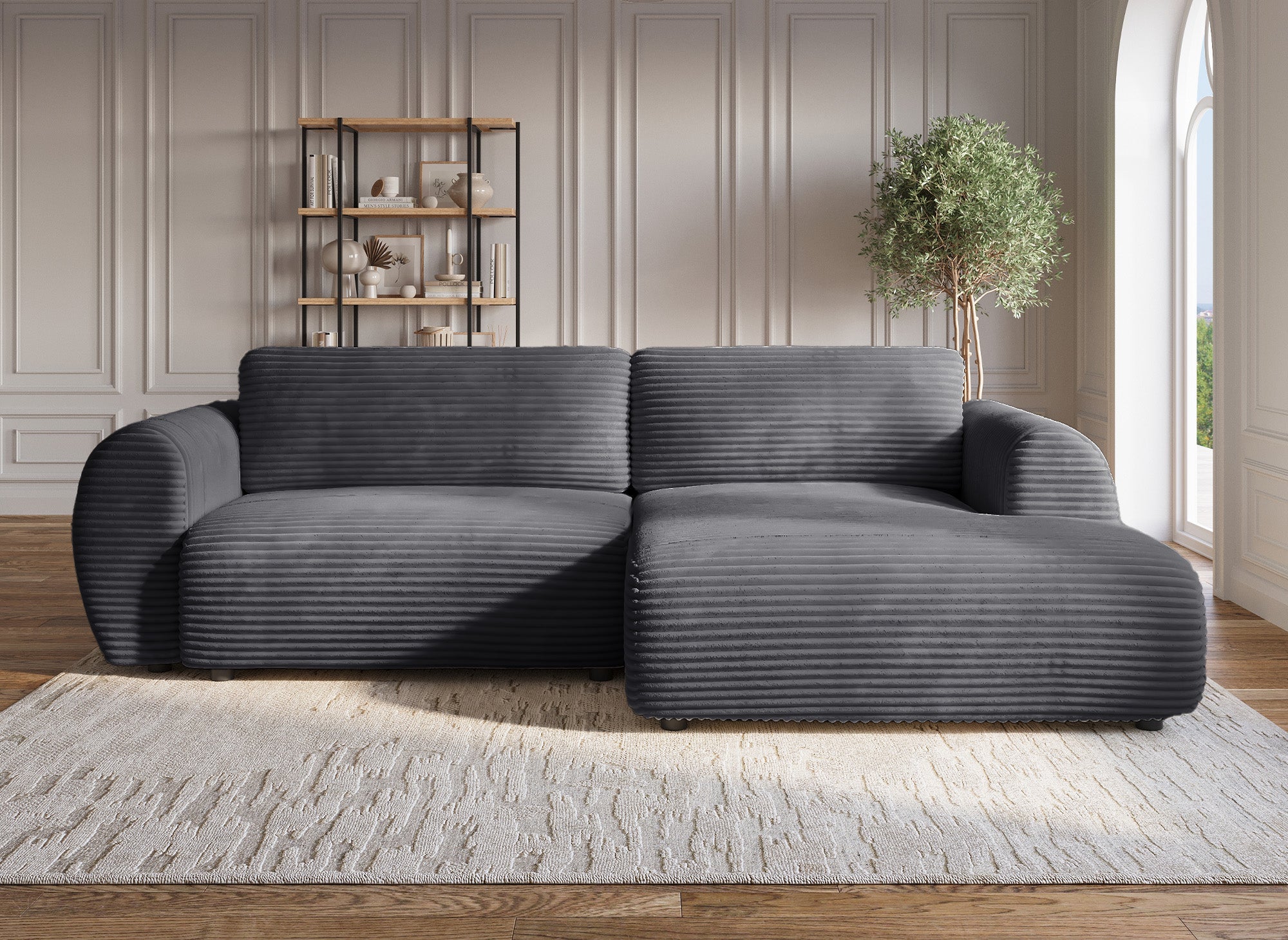 TILDA Ecksofa mit Bettfunktion und Stauraum, weicher Cord, Grau, rechtwinklig