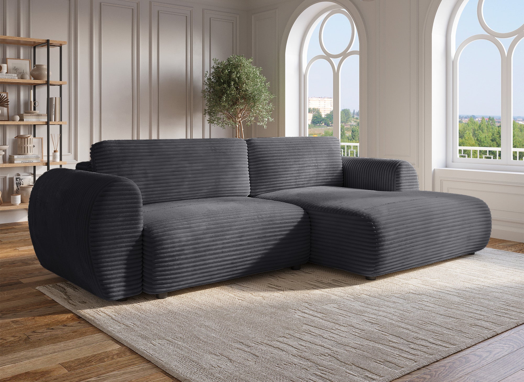 TILDA Ecksofa mit Bettfunktion und Stauraum, weicher Cord, Grau, rechtwinklig