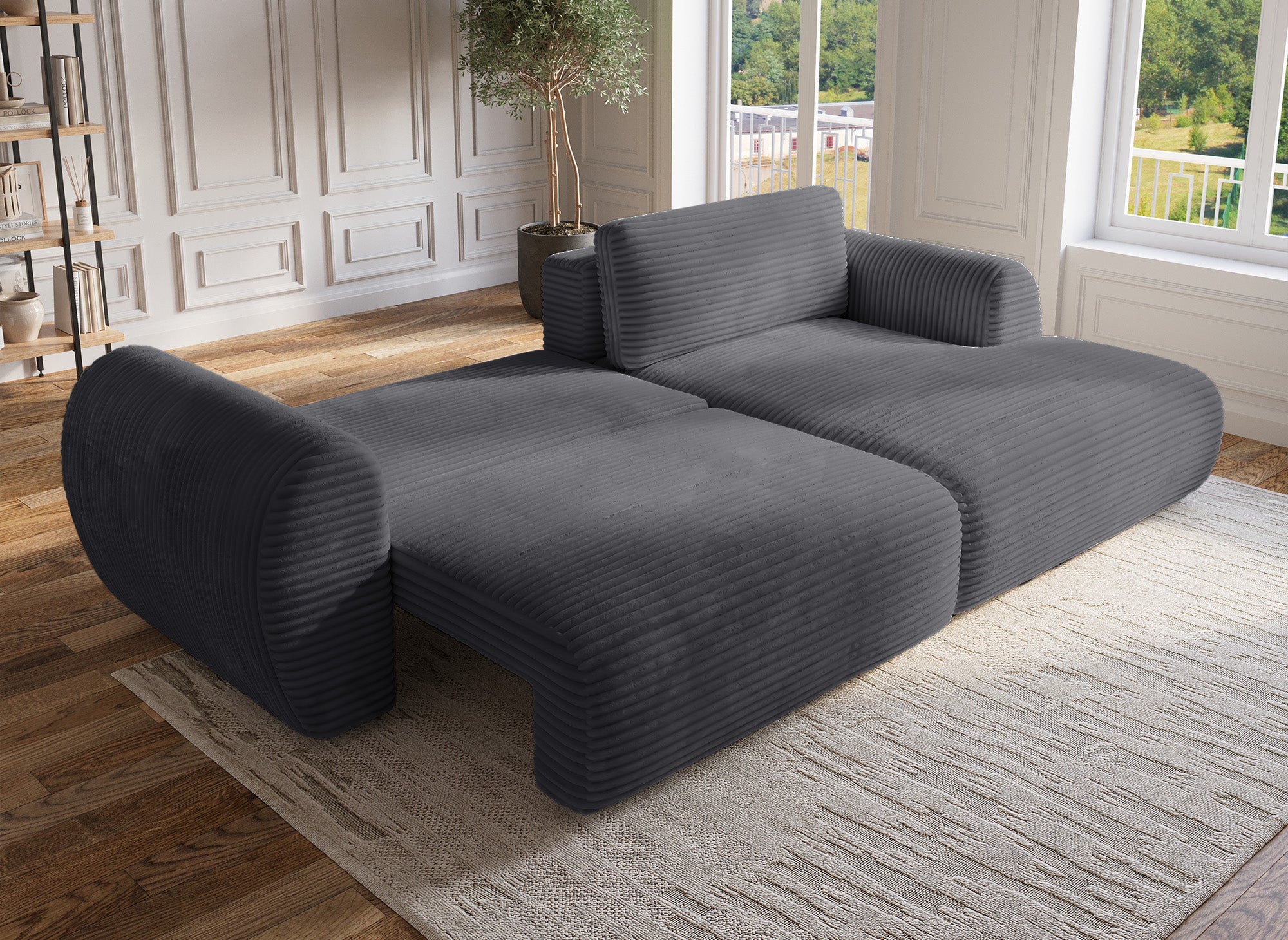 TILDA Ecksofa mit Bettfunktion und Stauraum, weicher Cord, Grau, rechtwinklig