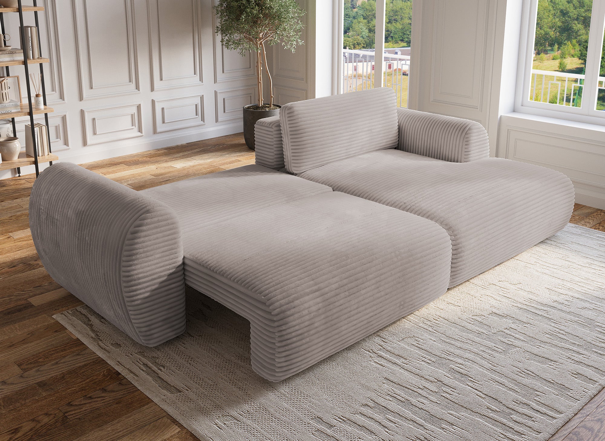 TILDA Ecksofa mit Bettfunktion und Stauraum, weicher Cord in Taupe, rechtwinklig