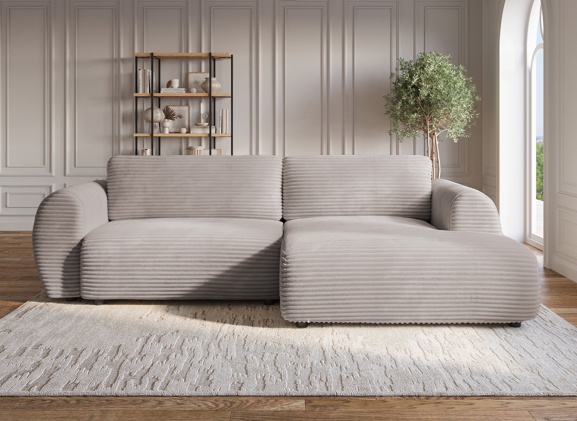 TILDA Ecksofa mit Bettfunktion und Stauraum, weicher Cord in Taupe, rechtwinklig