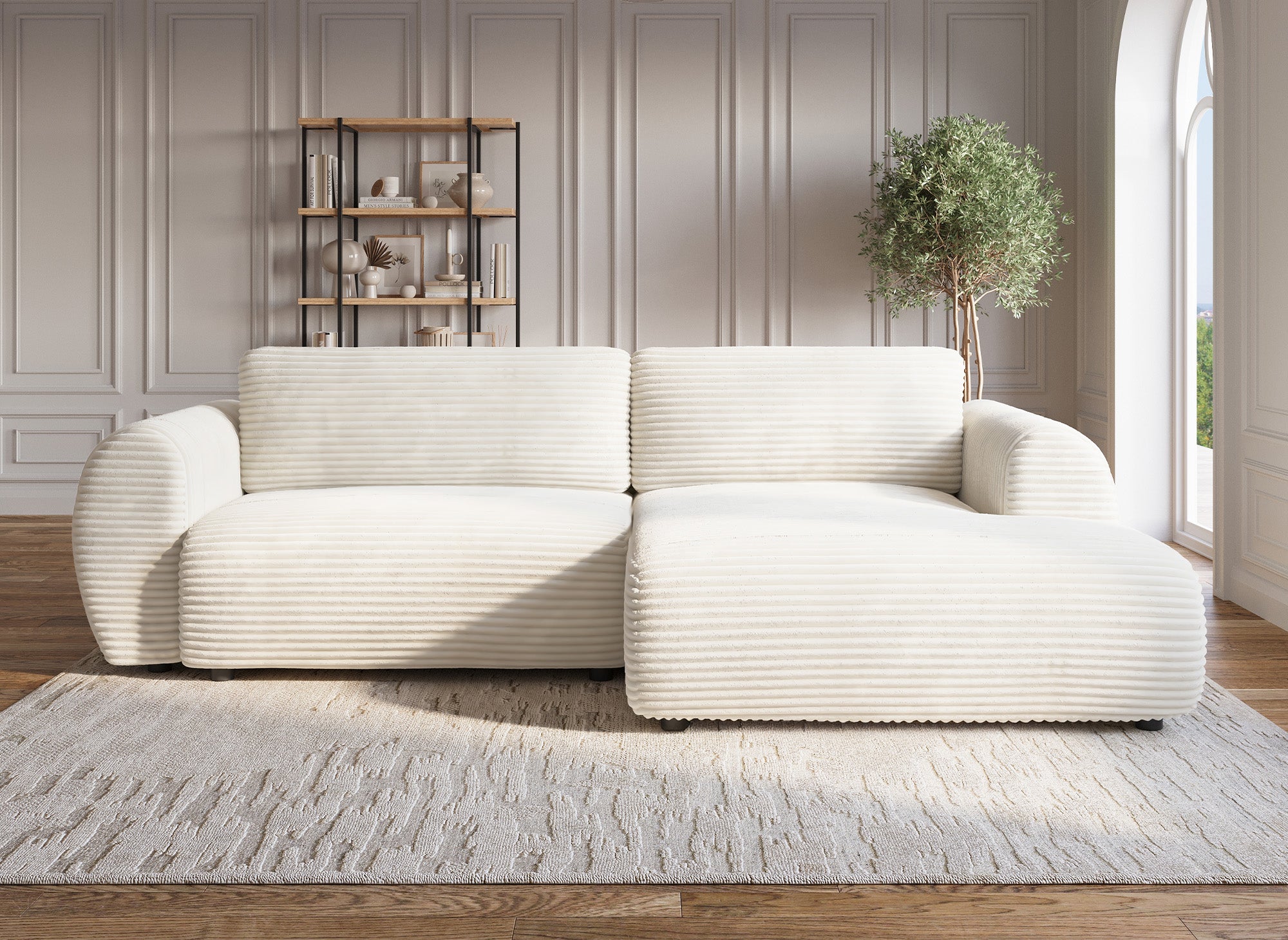 TILDA Ecksofa mit Bettfunktion und Stauraum, Beige, weicher Cord, rechtwinklig