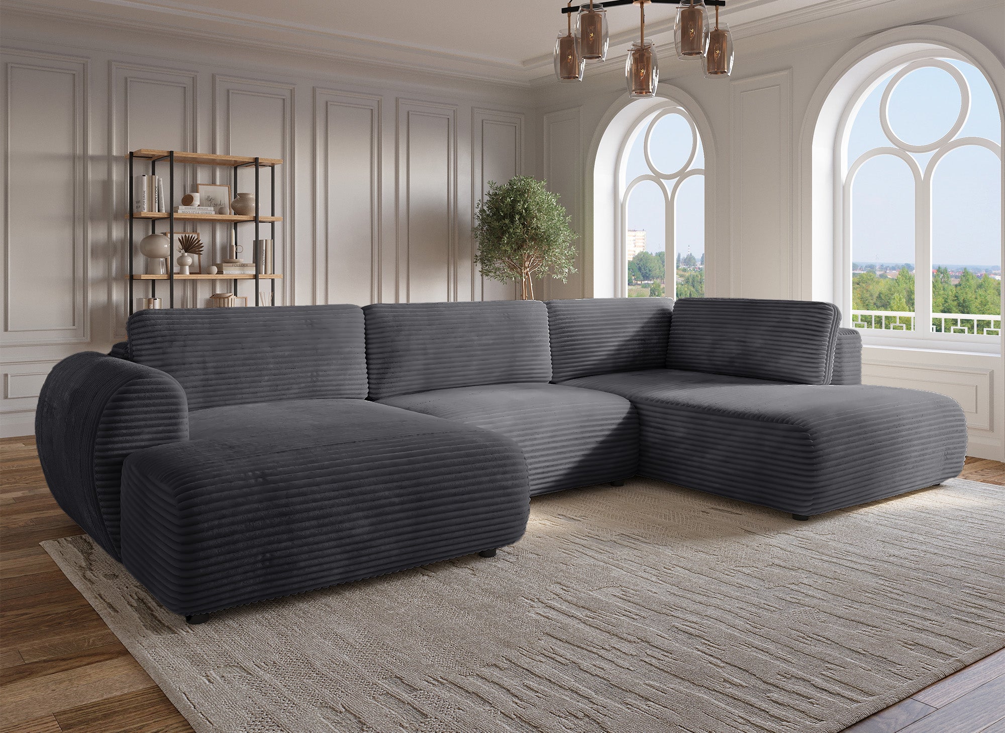 TILDA Graues Cord-Panoramasofa mit Stauraum – rechtwinklig