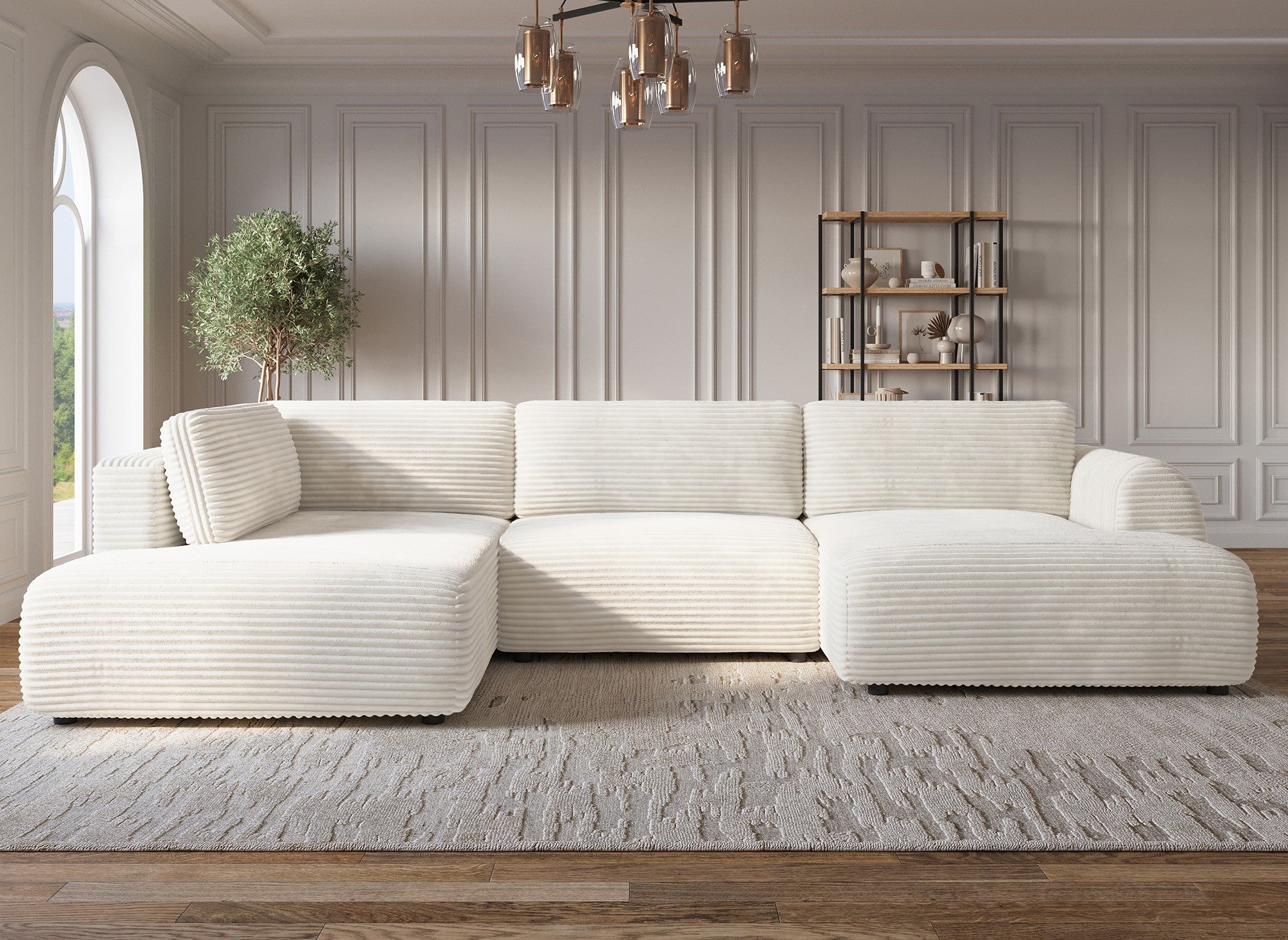 TILDA beigefarbenes, umwandelbares Panoramasofa aus Cord mit Stauraum – Linke Ecke