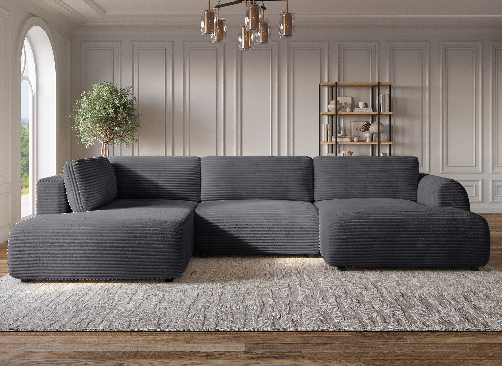 TILDA Graues Cord-Panoramasofa mit Stauraum – Linke Ecke