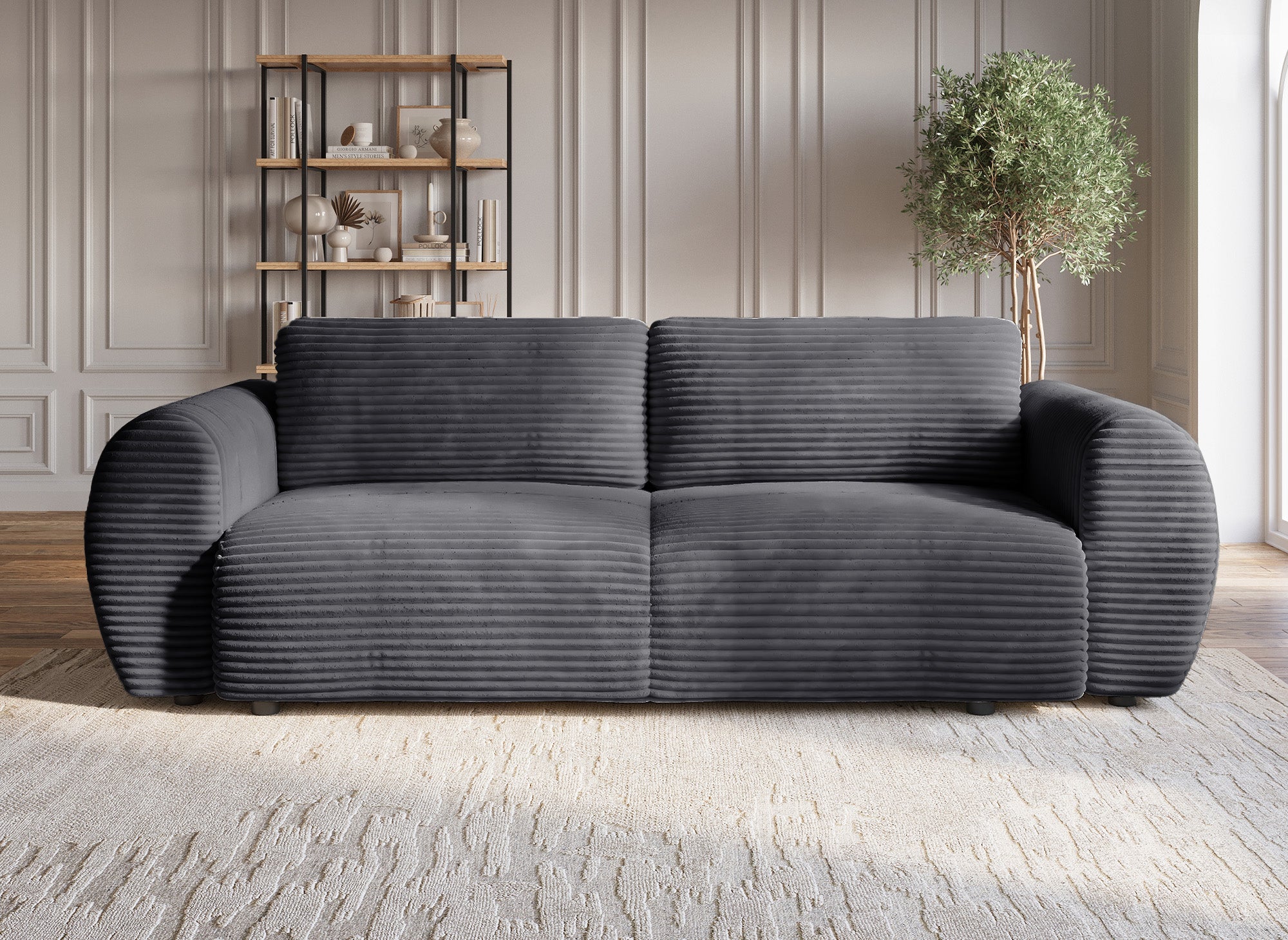 TILDA, graues, weich geripptes 3-Sitzer-Sofa mit Stauraum.