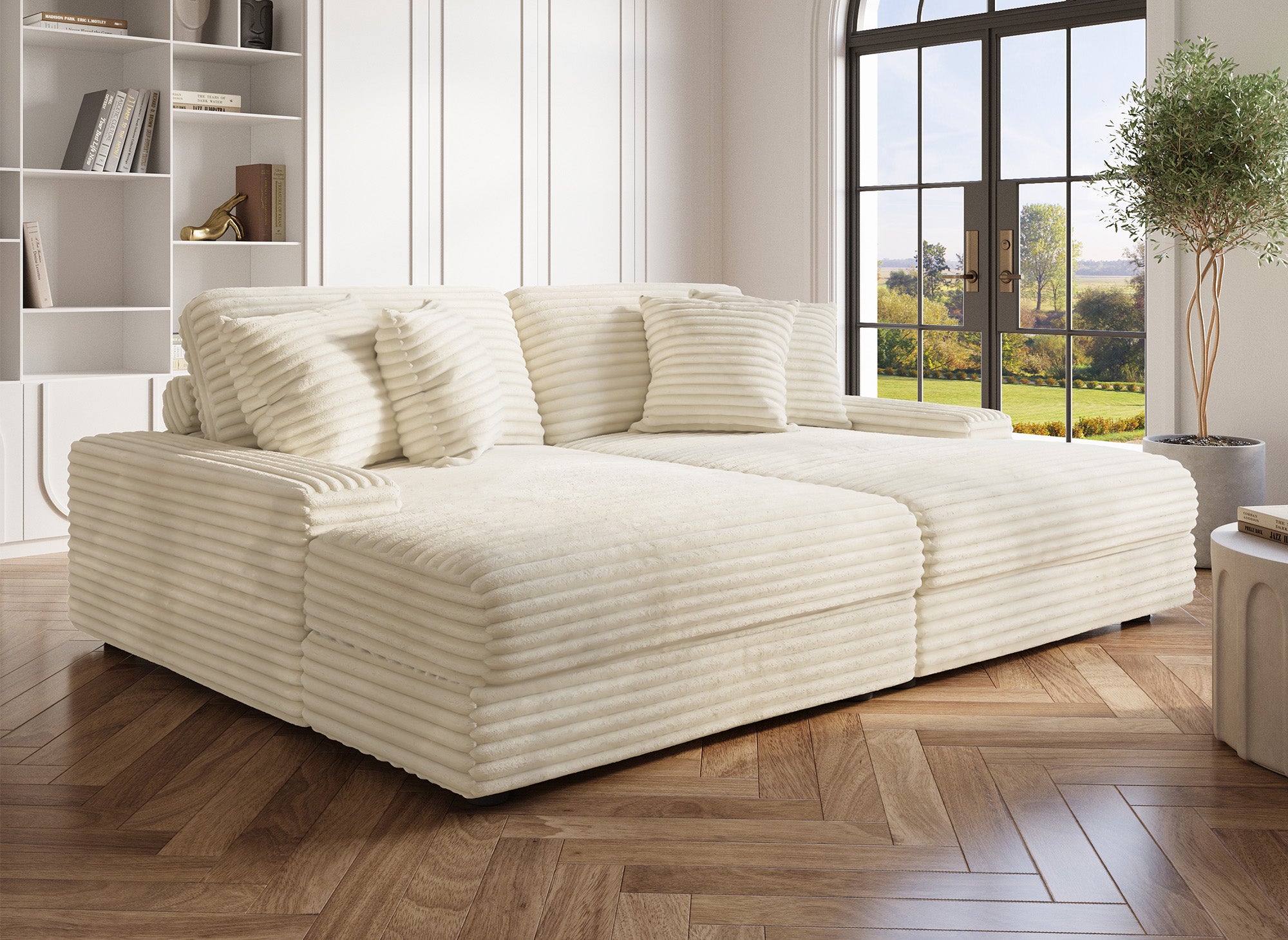 DAHO beiges, weich geripptes 2-Sitzer-Sofa mit geradem Schnitt