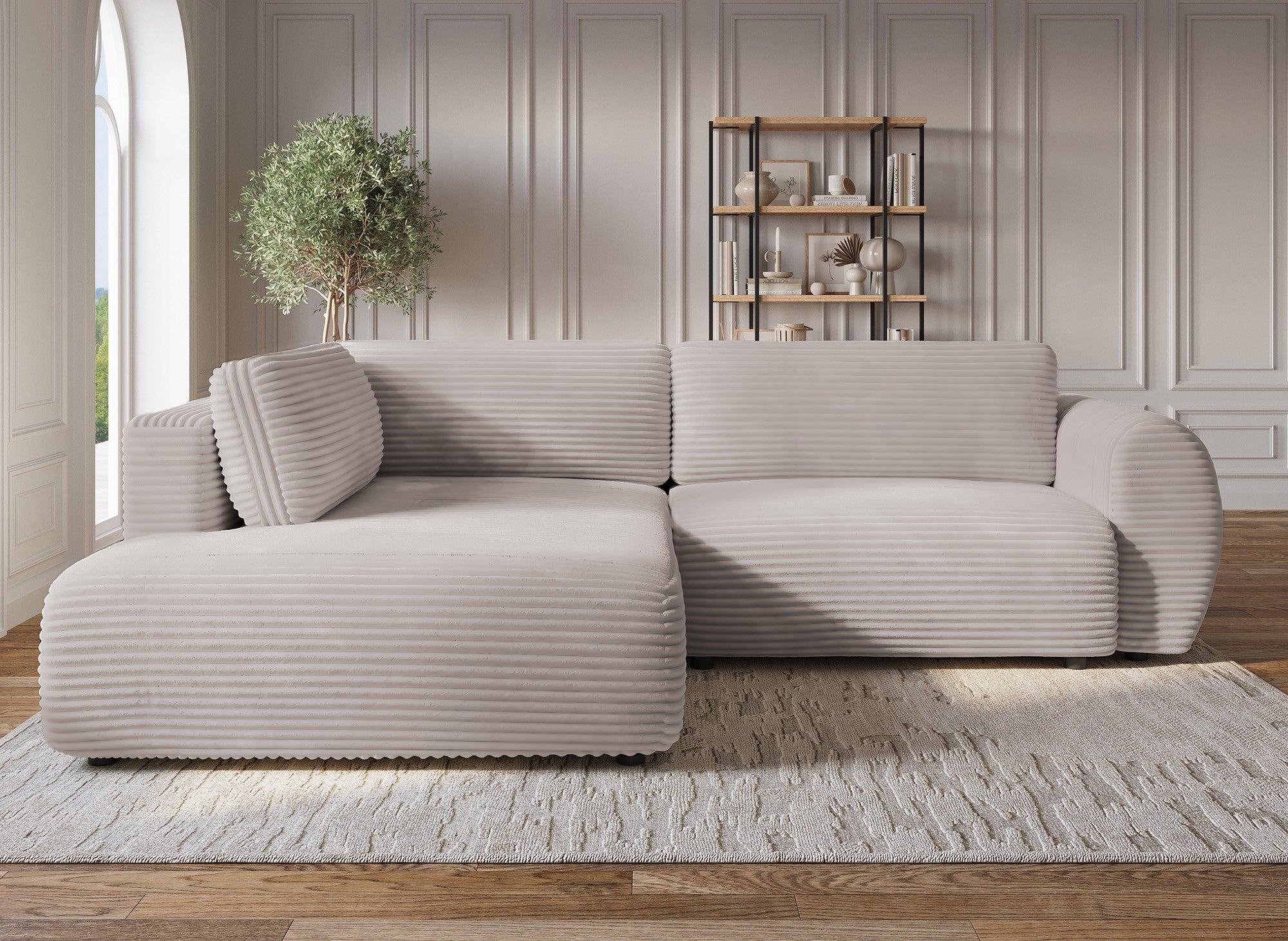 TILDA Ecksofabett in weichem Taupe mit geripptem Bezug, Chaiselongue und Stauraum – Linke Ecke